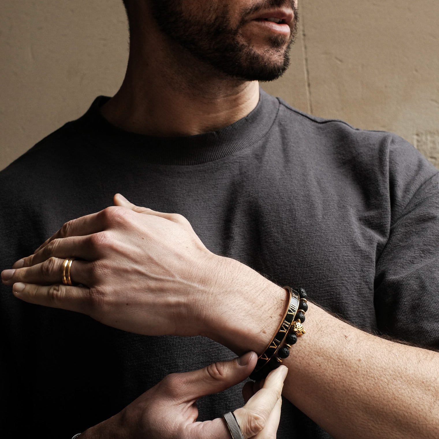 8mm Gold Panther Black Lava Bracelet