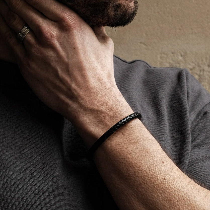 Black Weave Leather Stainless Steel Bracelet
