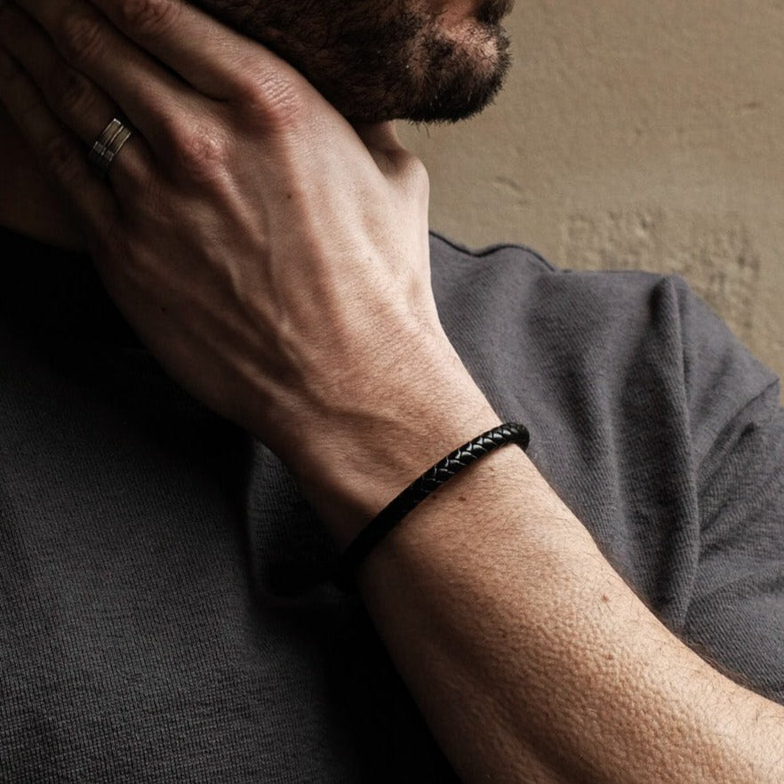 Black Weave Leather Stainless Steel Bracelet