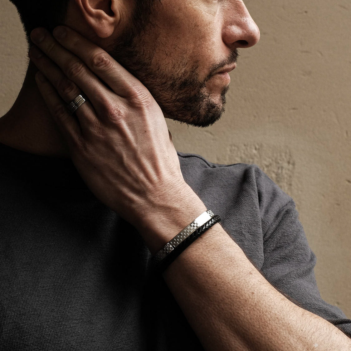 Silver Checkered Stainless Steel Bangle