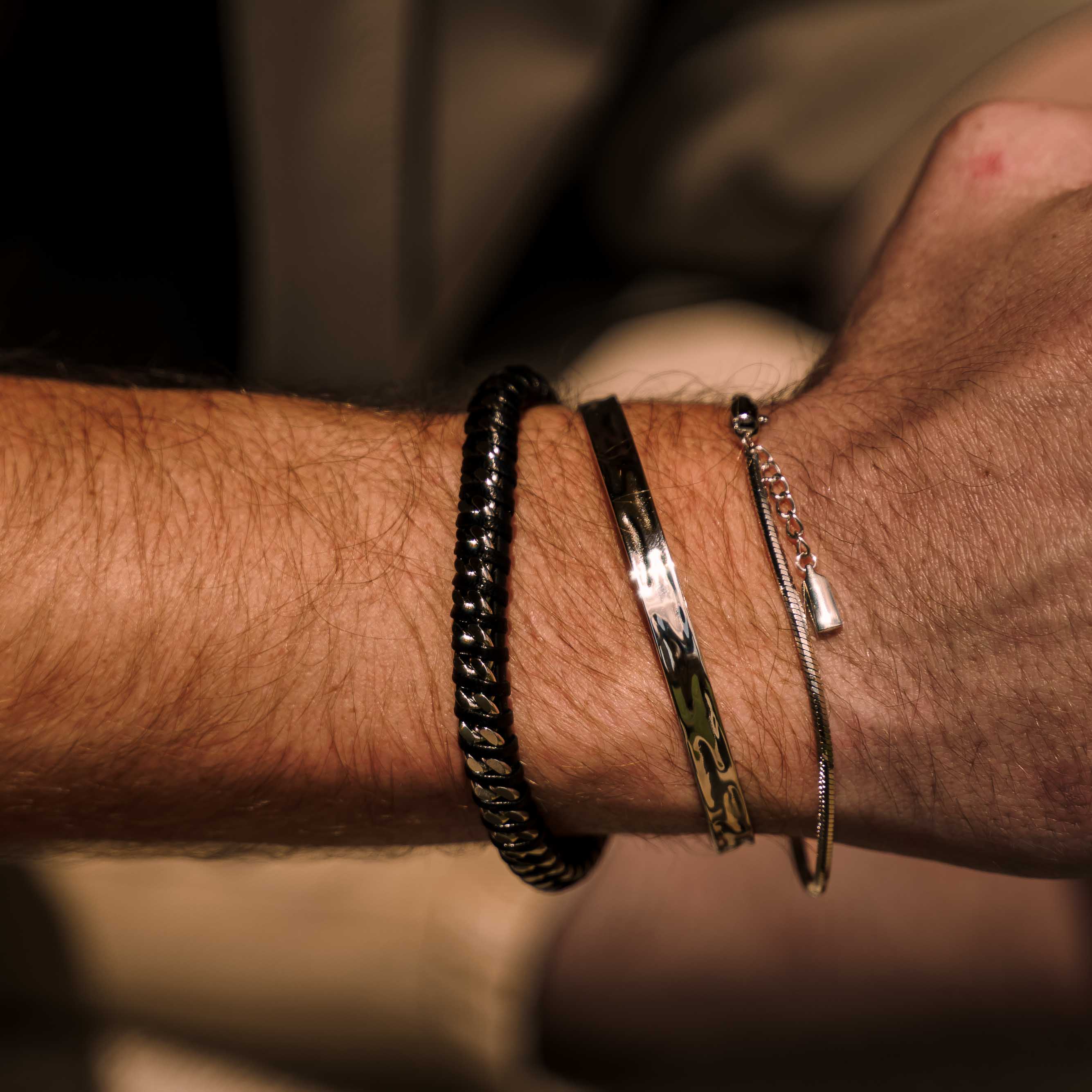 Black Leather Cuban Stainless Steel Bracelet