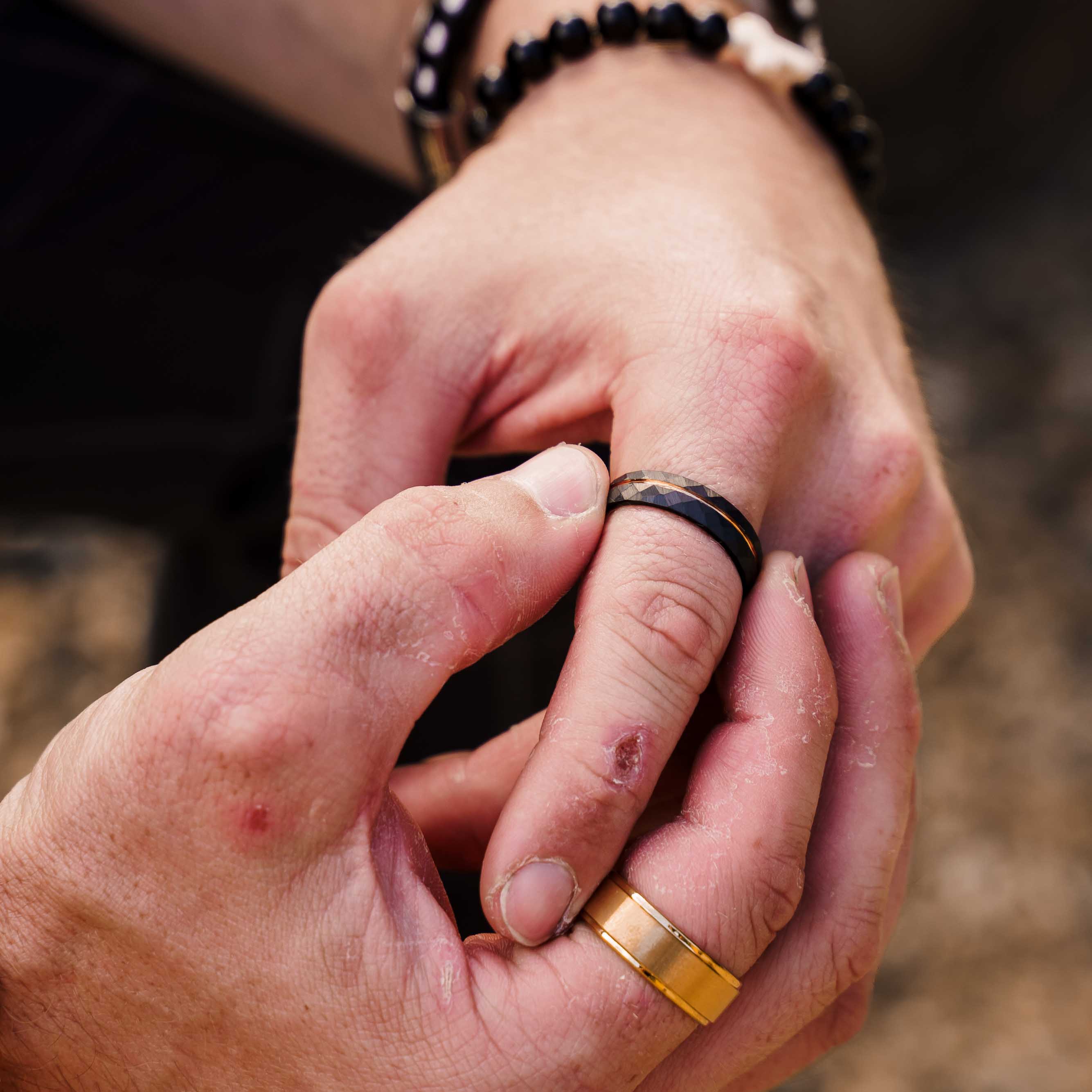 The Magnate - Black 6mm Faceted With Rose Gold Inlay Tungsten Ring