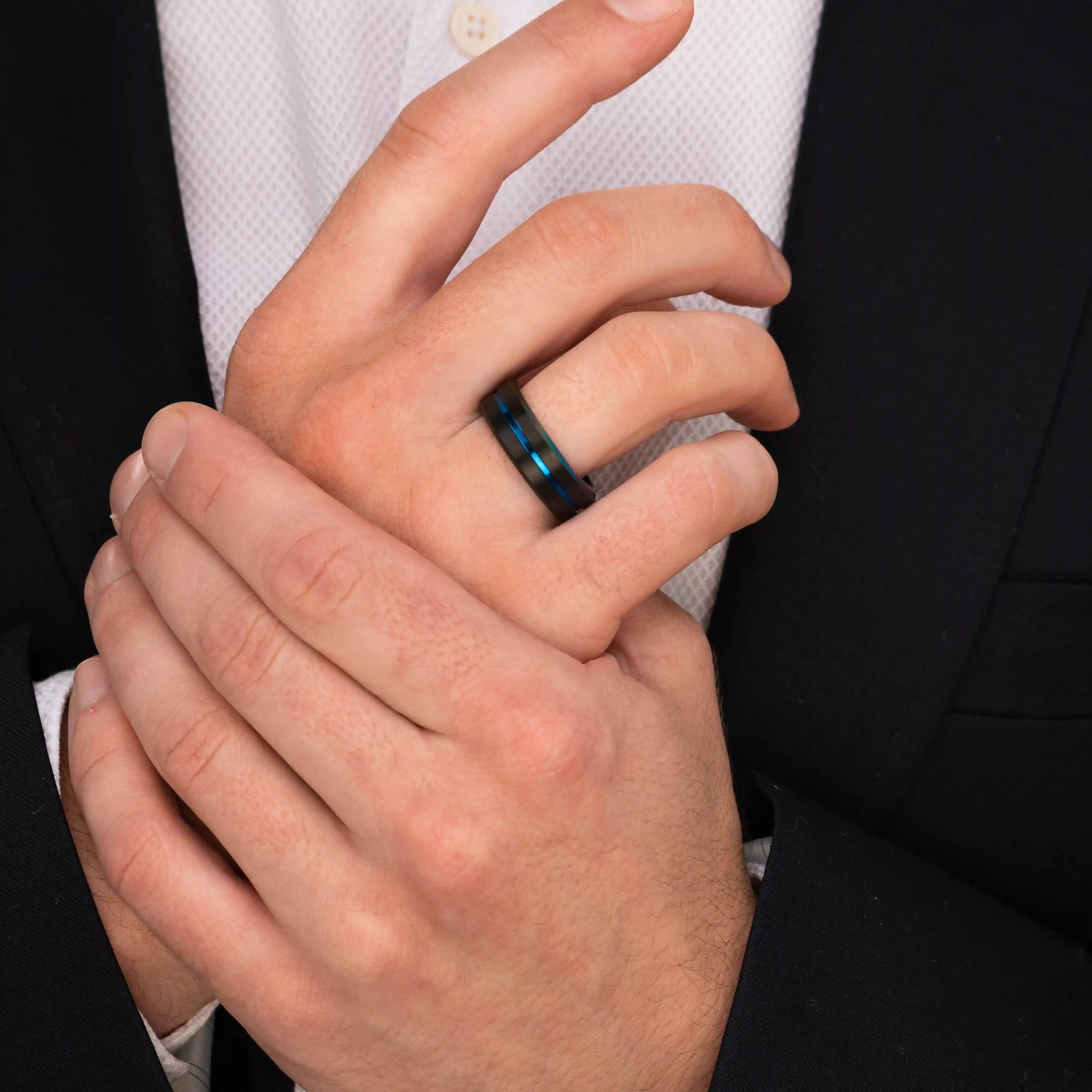 The Veteran - Black Brushed Blue Inlay Tungsten Ring