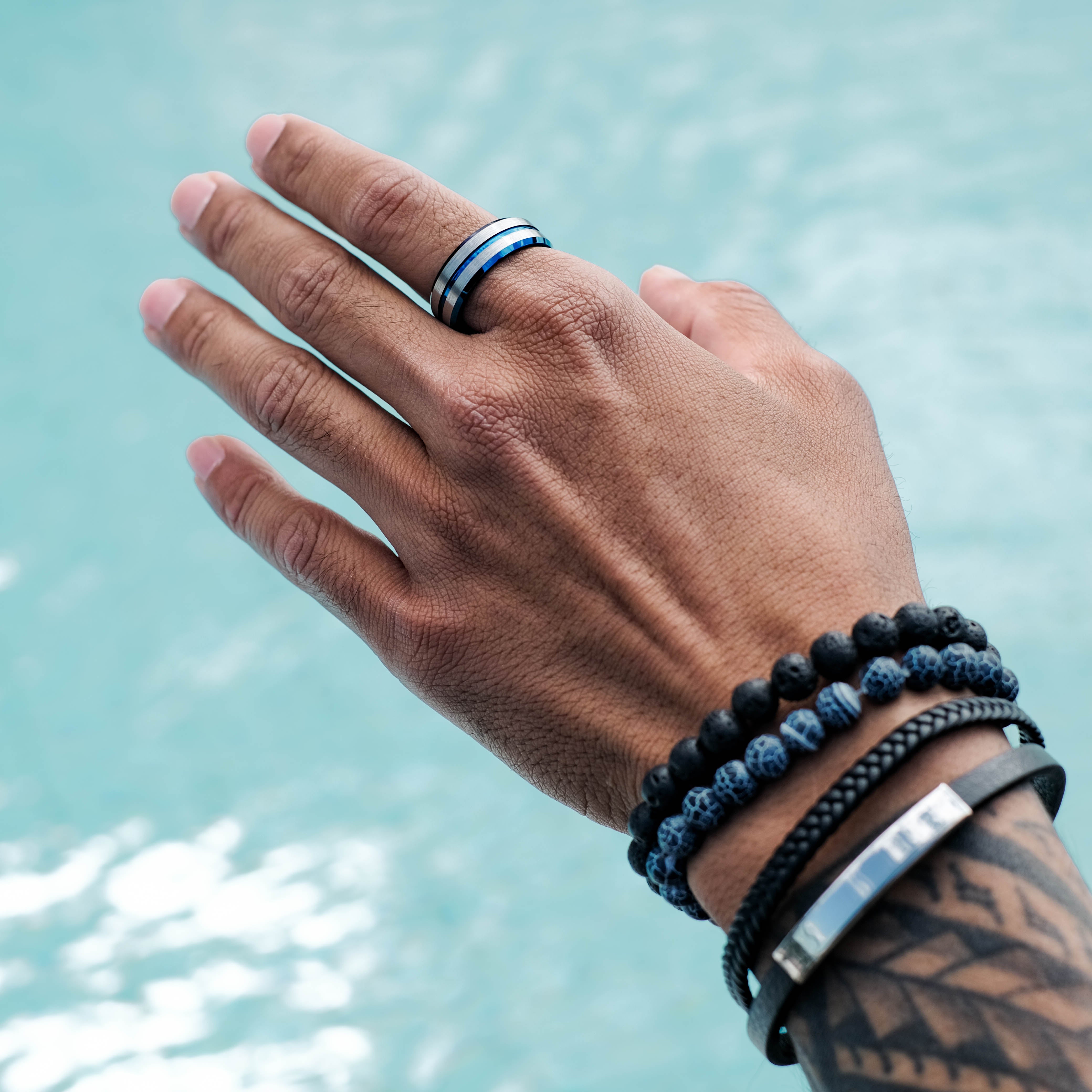 The Techno - Silver Tungsten Blue Inlay Ring