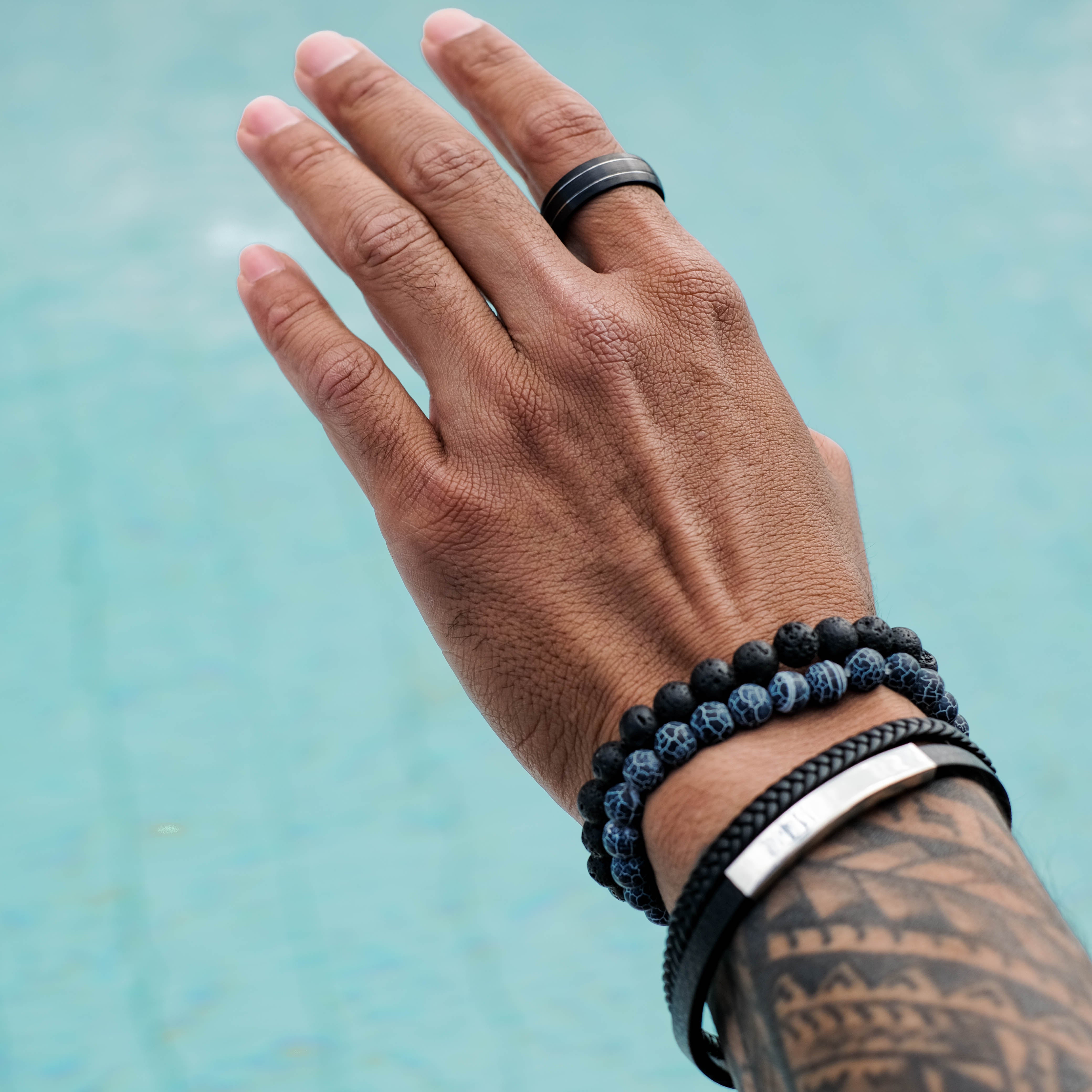 Black Layered Bar Braided Leather Bracelet