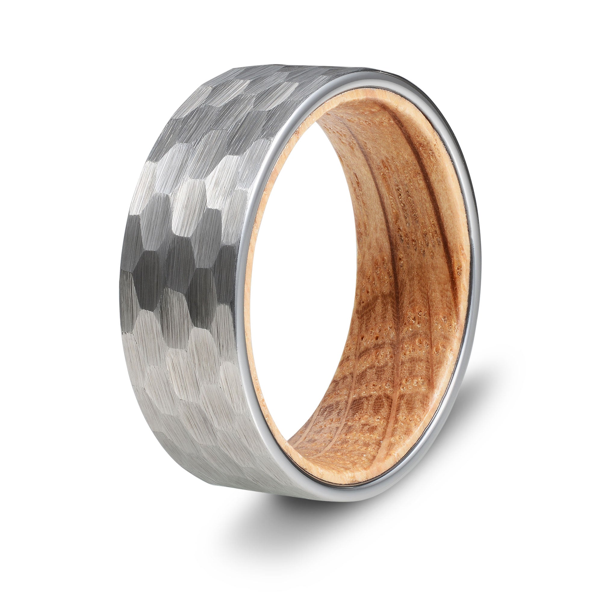 The Armstrong - Silver Hammered Tungsten Koa Wood Ring