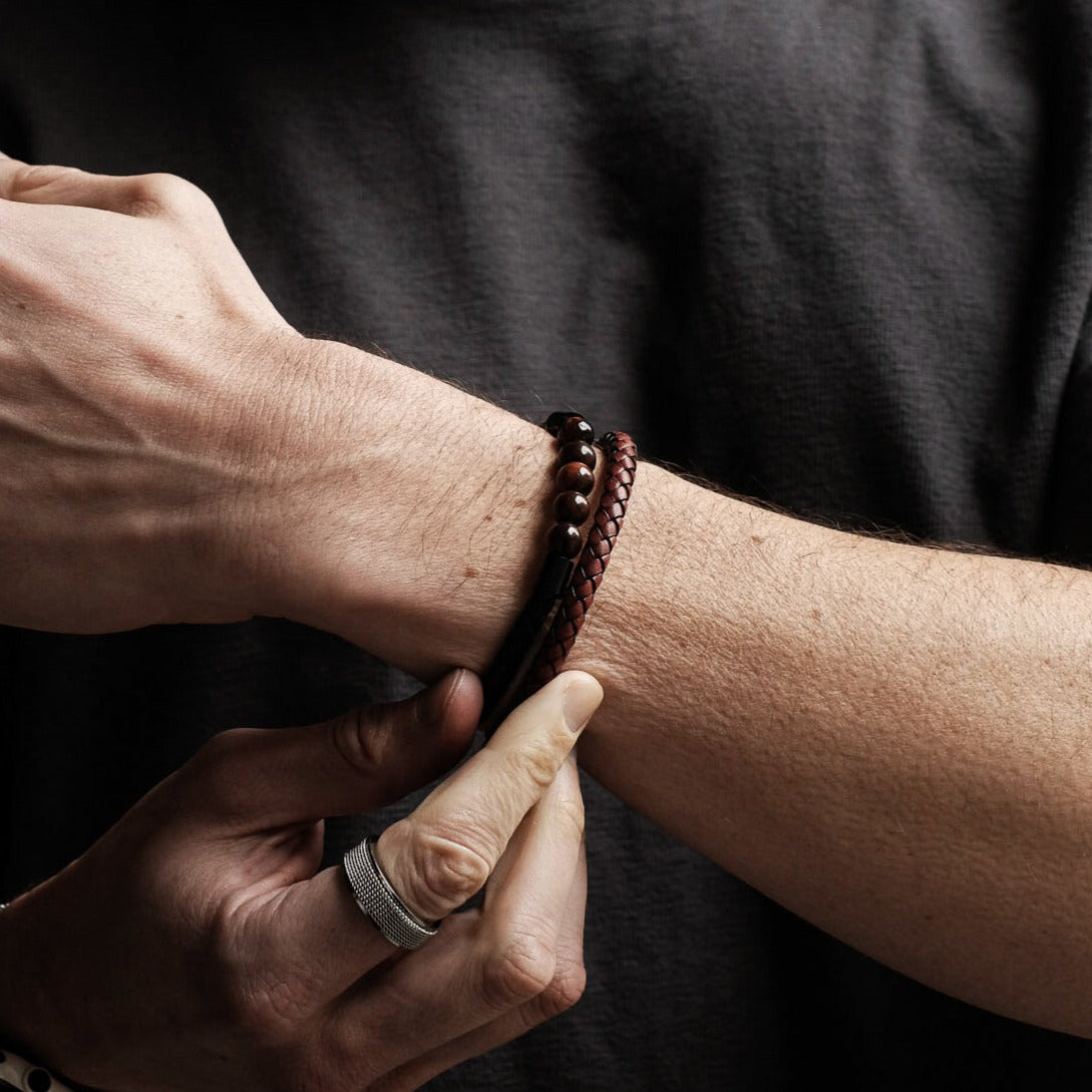 Burgundy Weave Stainless Steel Leather Bracelet