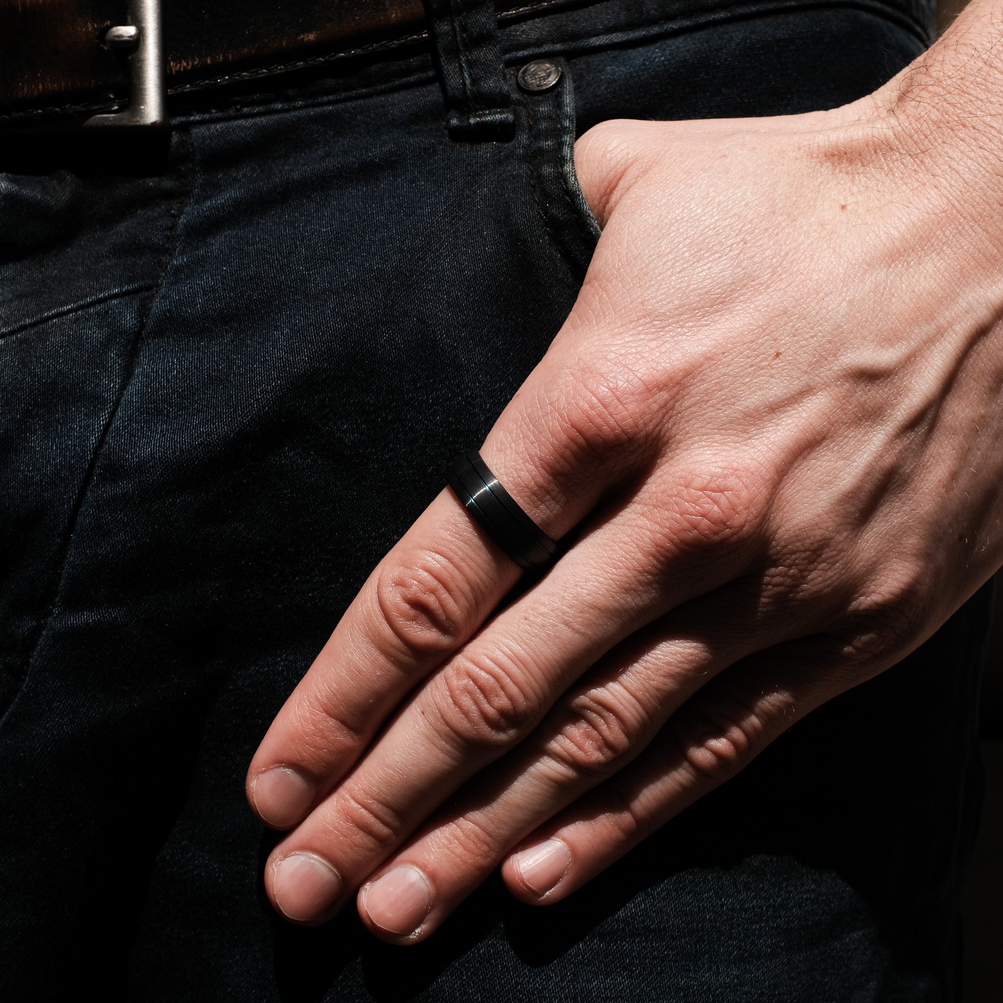 The Revive - Black Brushed With Blue Inlay Tungsten Curved Ring