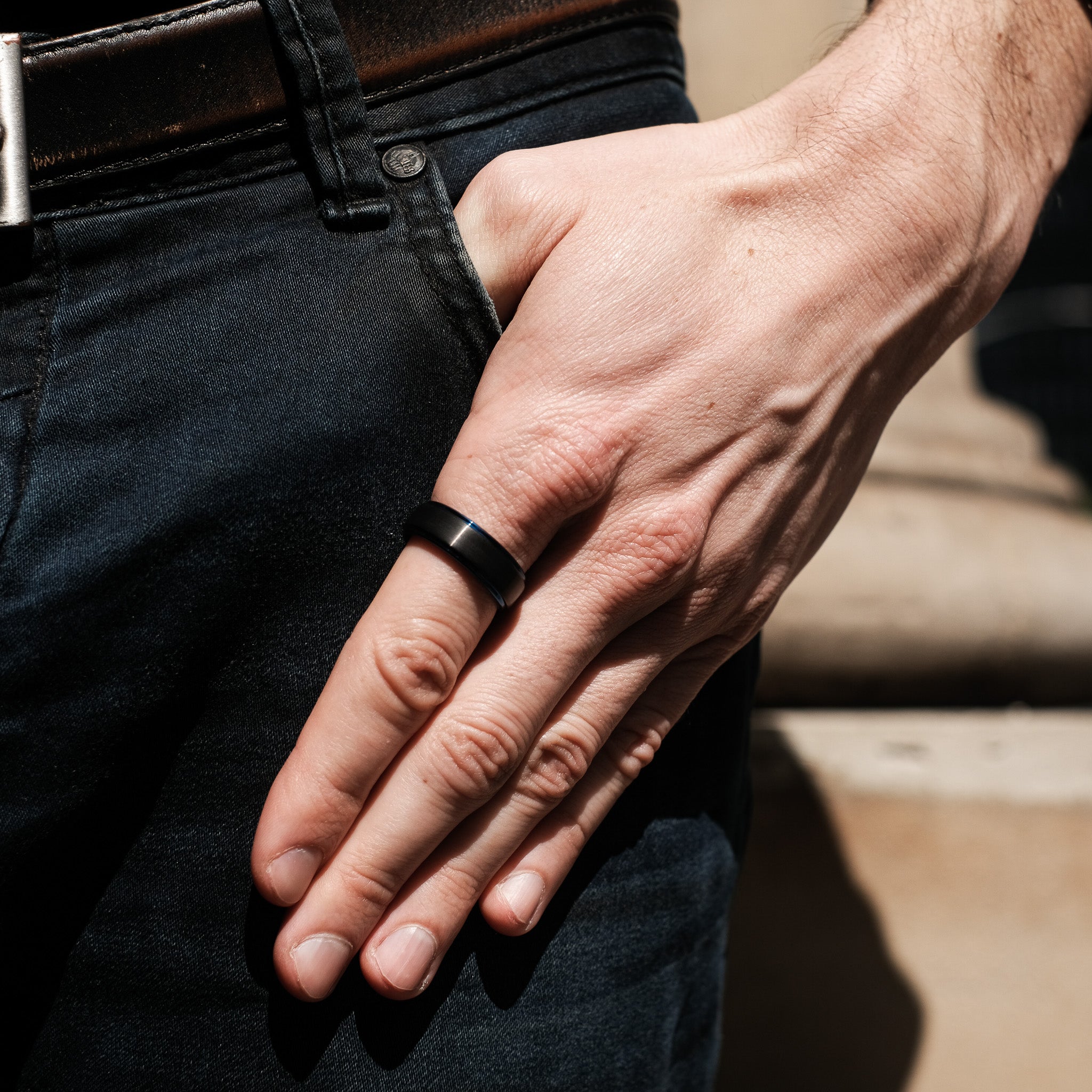 The Urban - Black Brushed Blue Edged Tungsten Ring