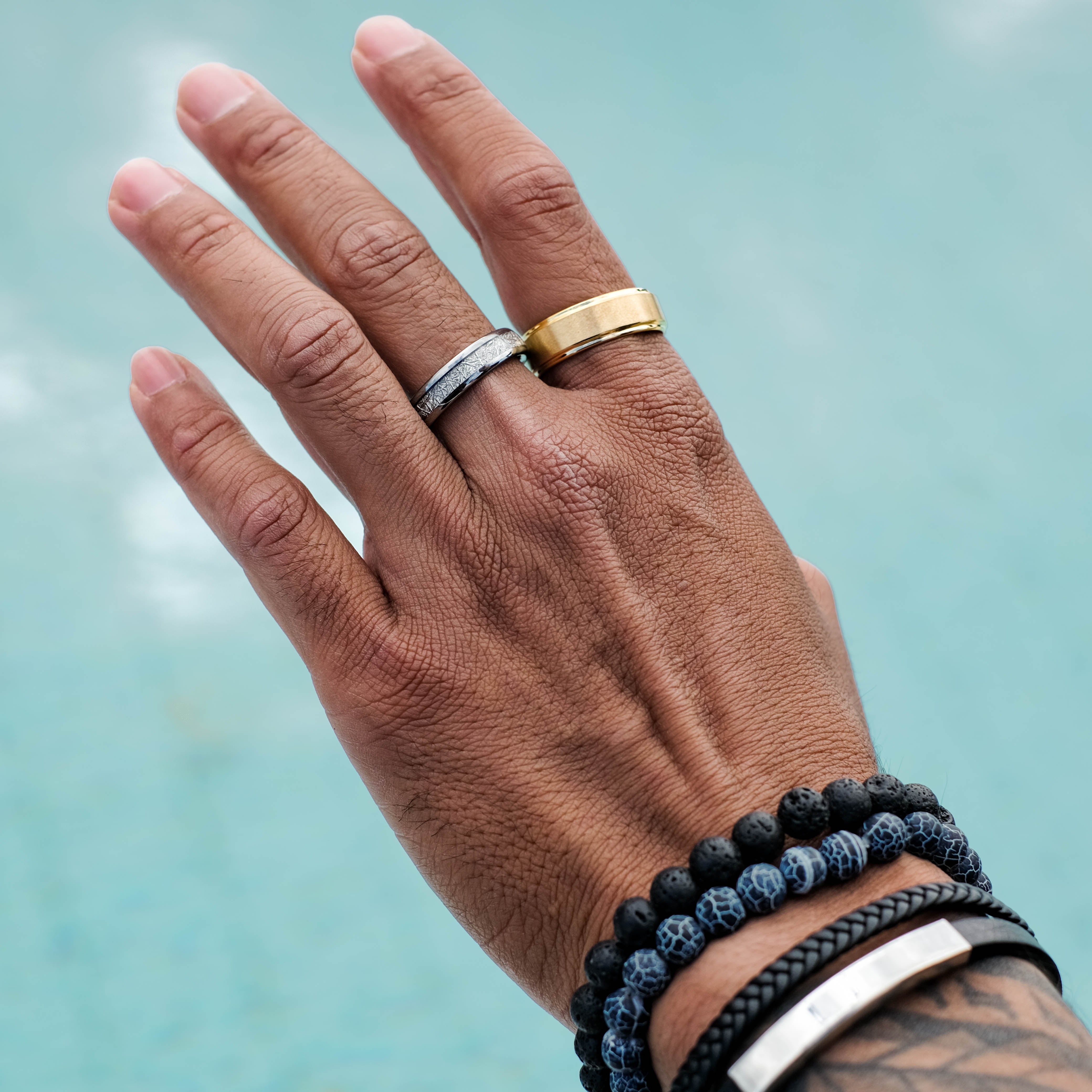 Blue Agate & Black Lava Bracelet Set