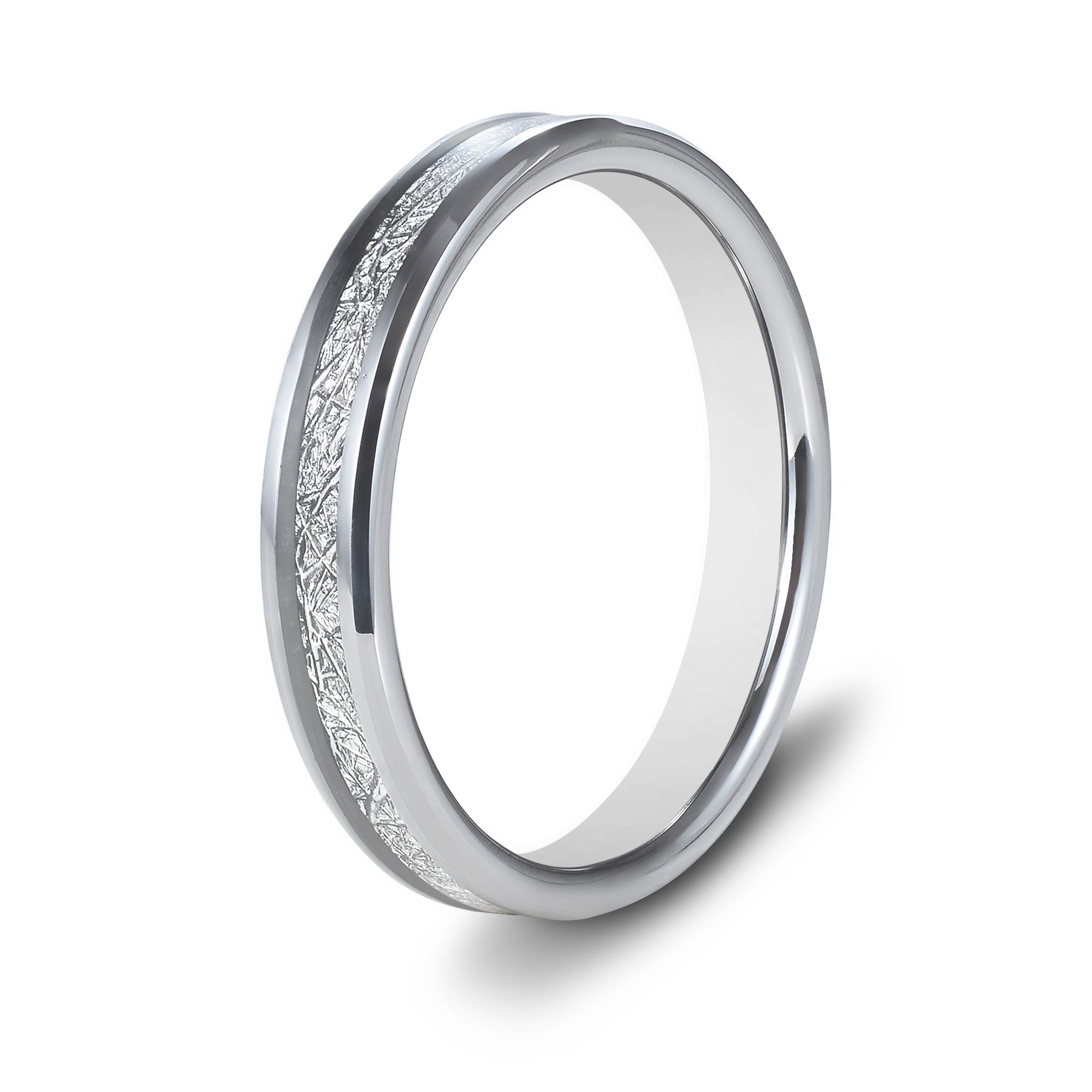 The Devotion - Silver 4mm Meteorite Tungsten Beveled Ring
