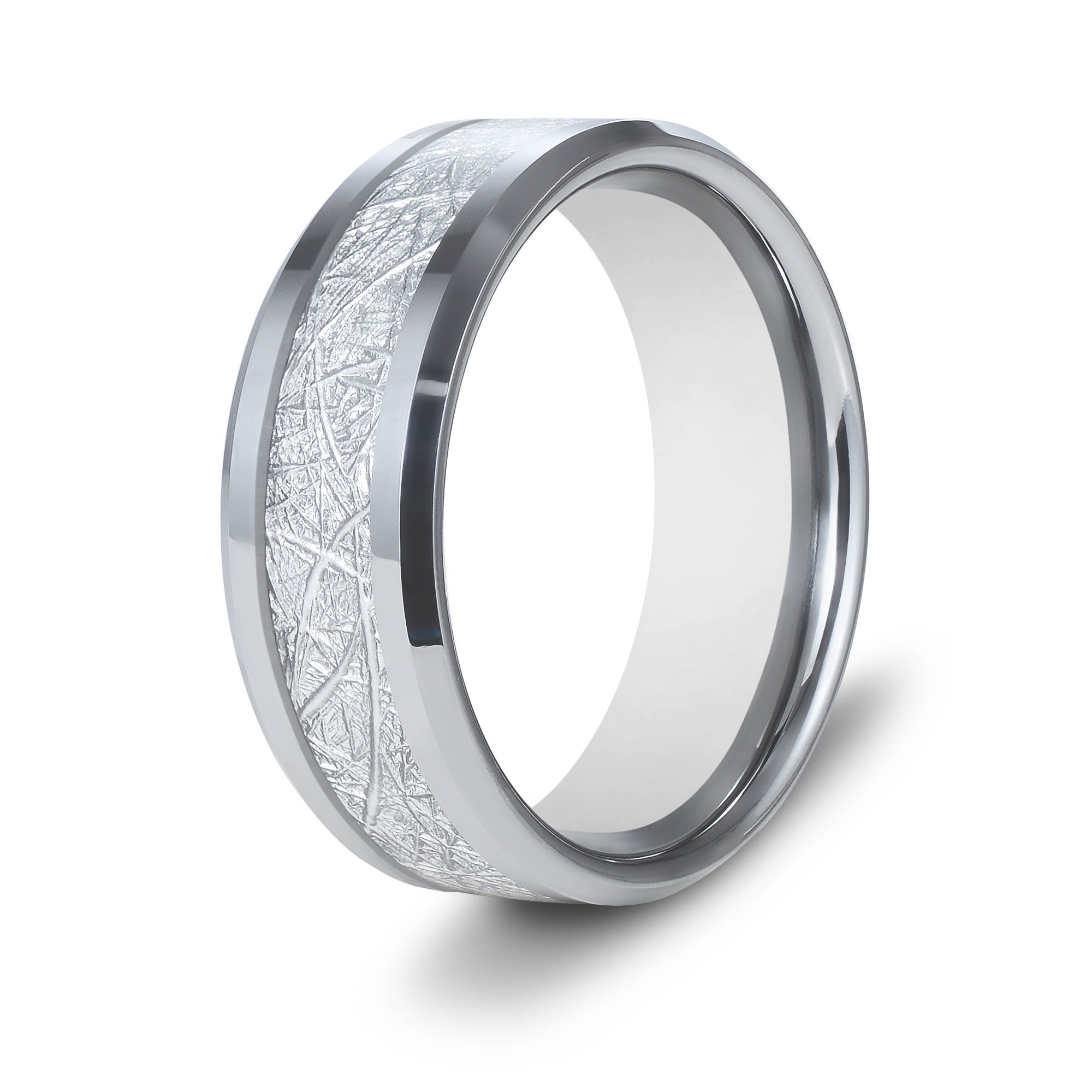 The Devotion - Silver 8mm Meteorite Tungsten Beveled Ring