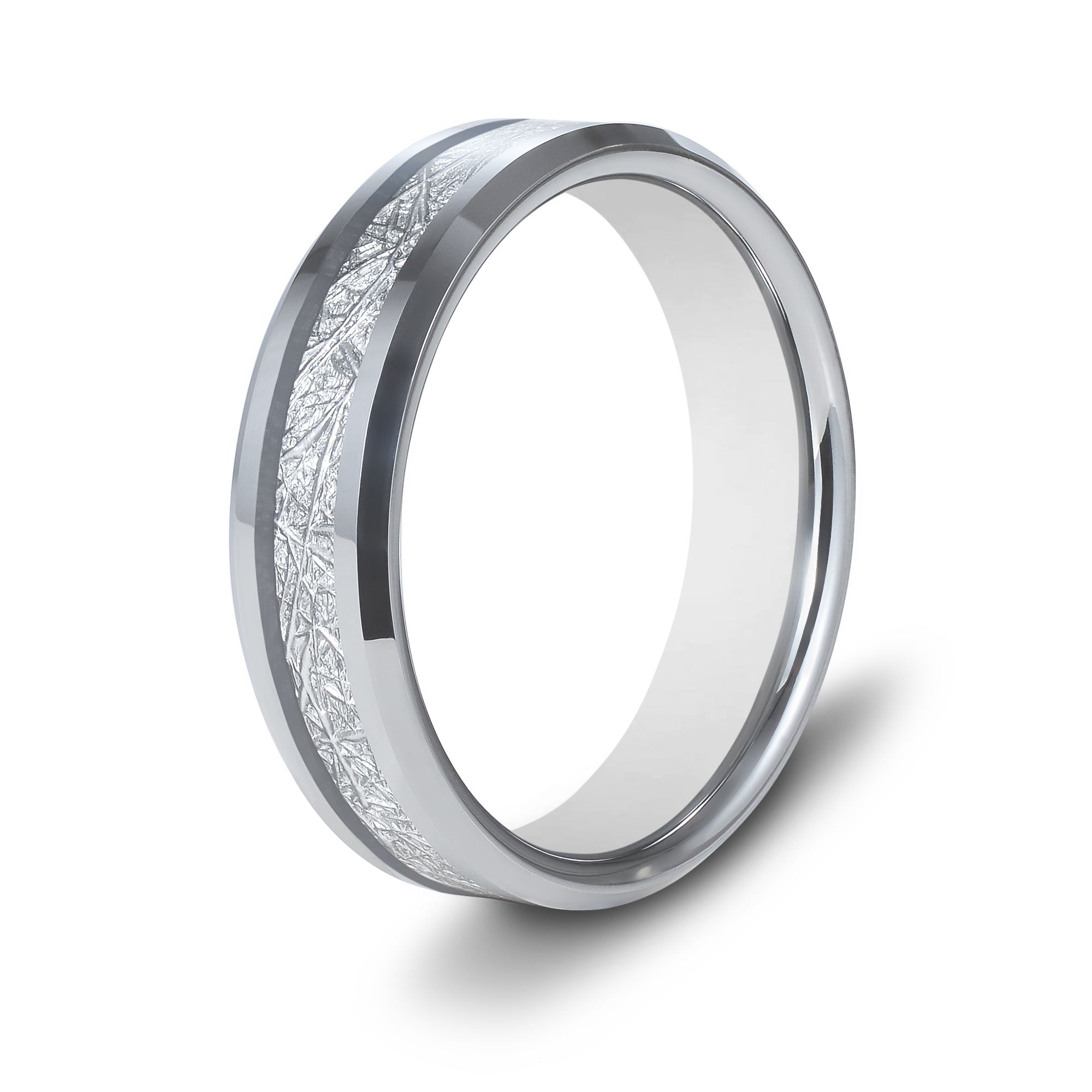 The Devotion - Silver 6mm Meteorite Tungsten Beveled Ring