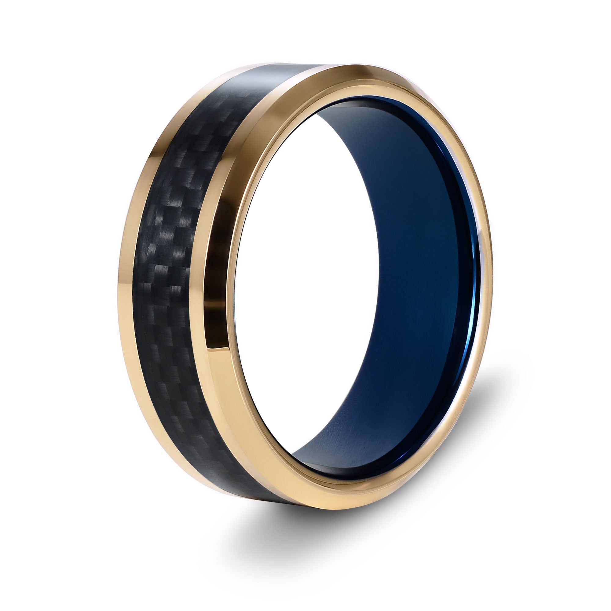 The Mr Interesting - Black Carbon Fibre Gold Tungsten Beveled Ring