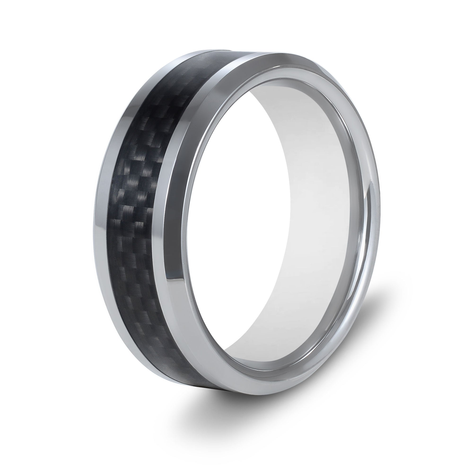 The Commander - Black Carbon Fibre Silver Tungsten Beveled Ring