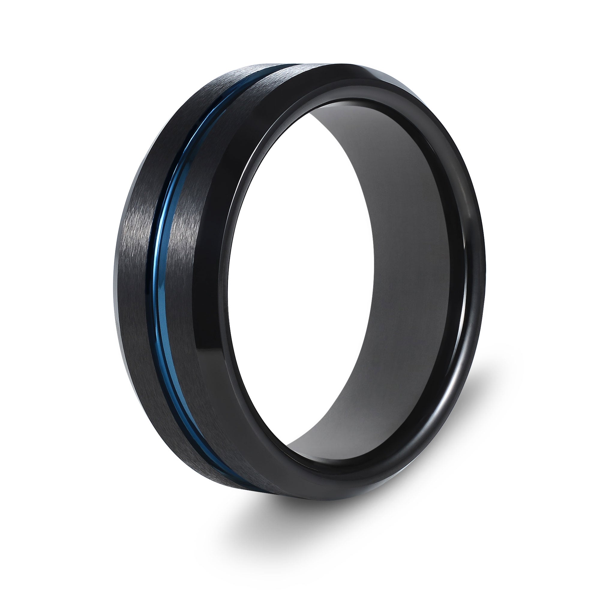 The Veteran - Black Brushed Blue Inlay Tungsten Ring
