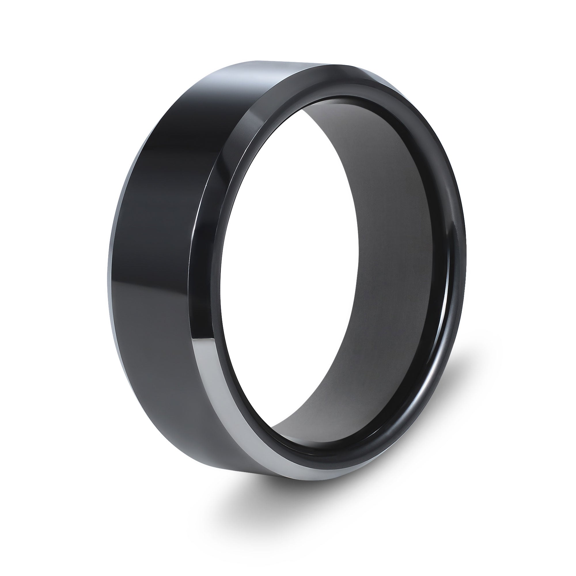 The Raven - Black 8mm Tungsten Gloss Finish Beveled Ring