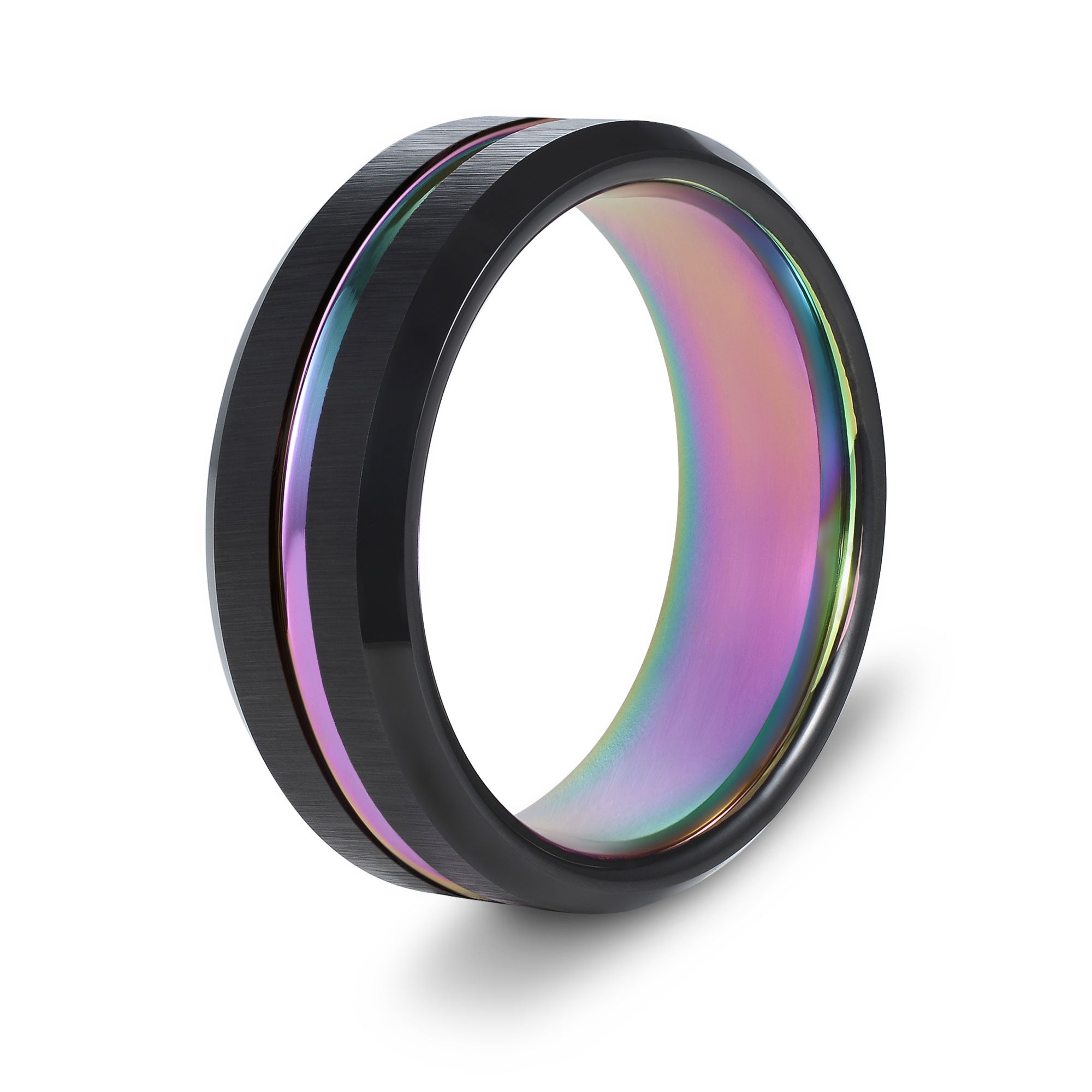 The Raver - Black Brushed Rainbow Inlay Tungsten Ring