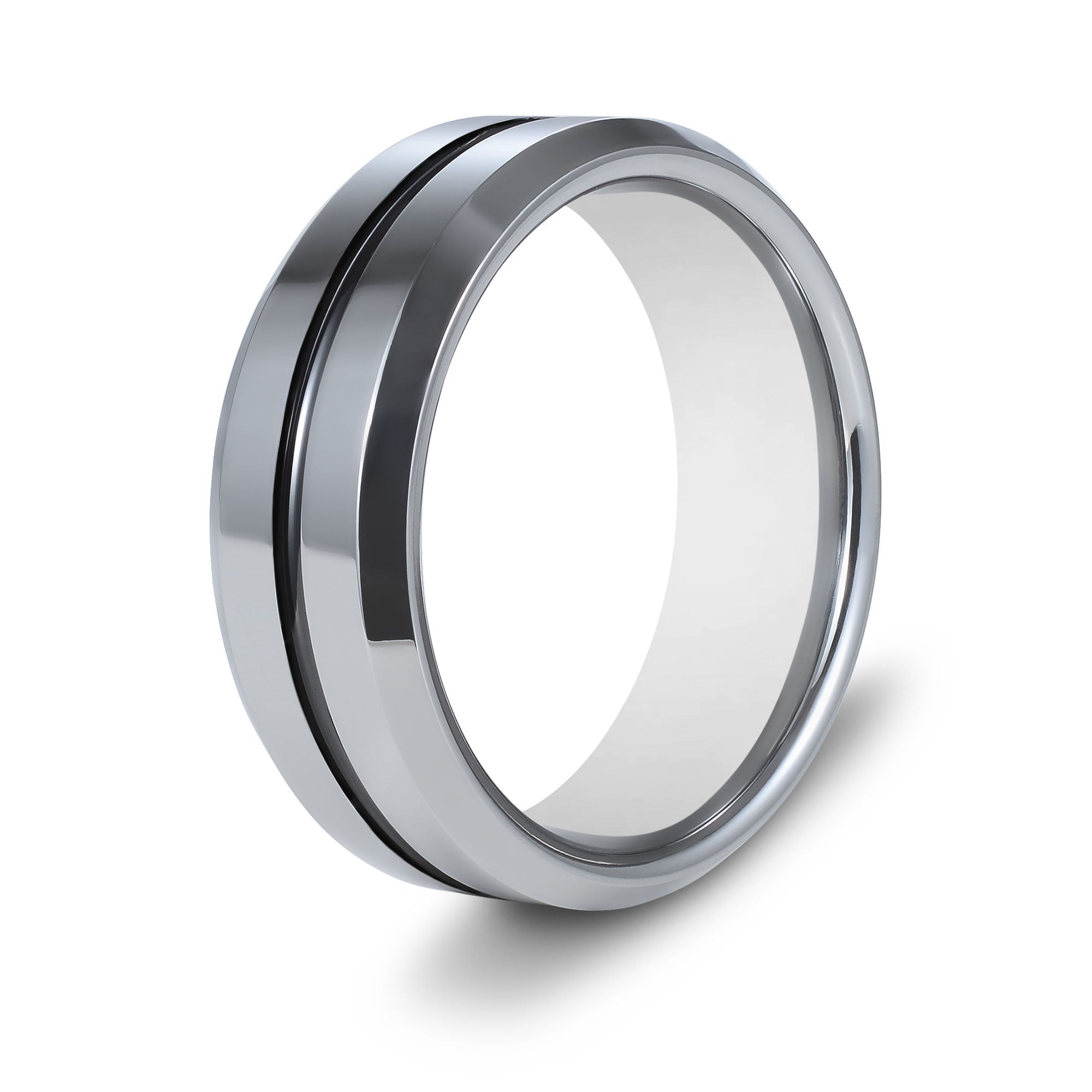 The Craftsman - Silver Tungsten Black Inlay Beveled Ring