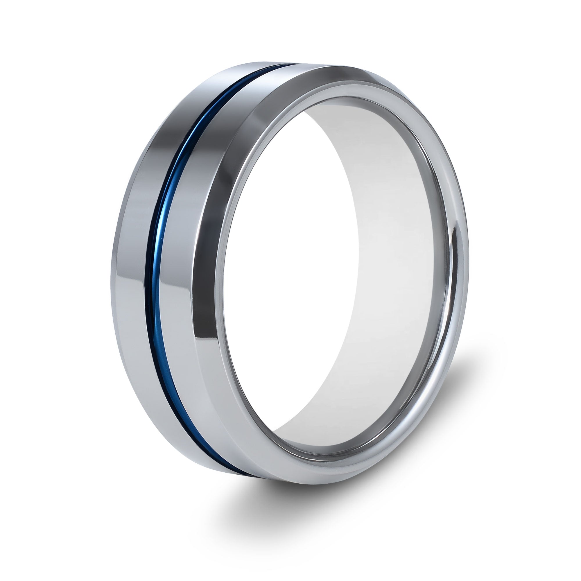 The Sergeant - Silver Tungsten Blue Inlay Beveled Ring