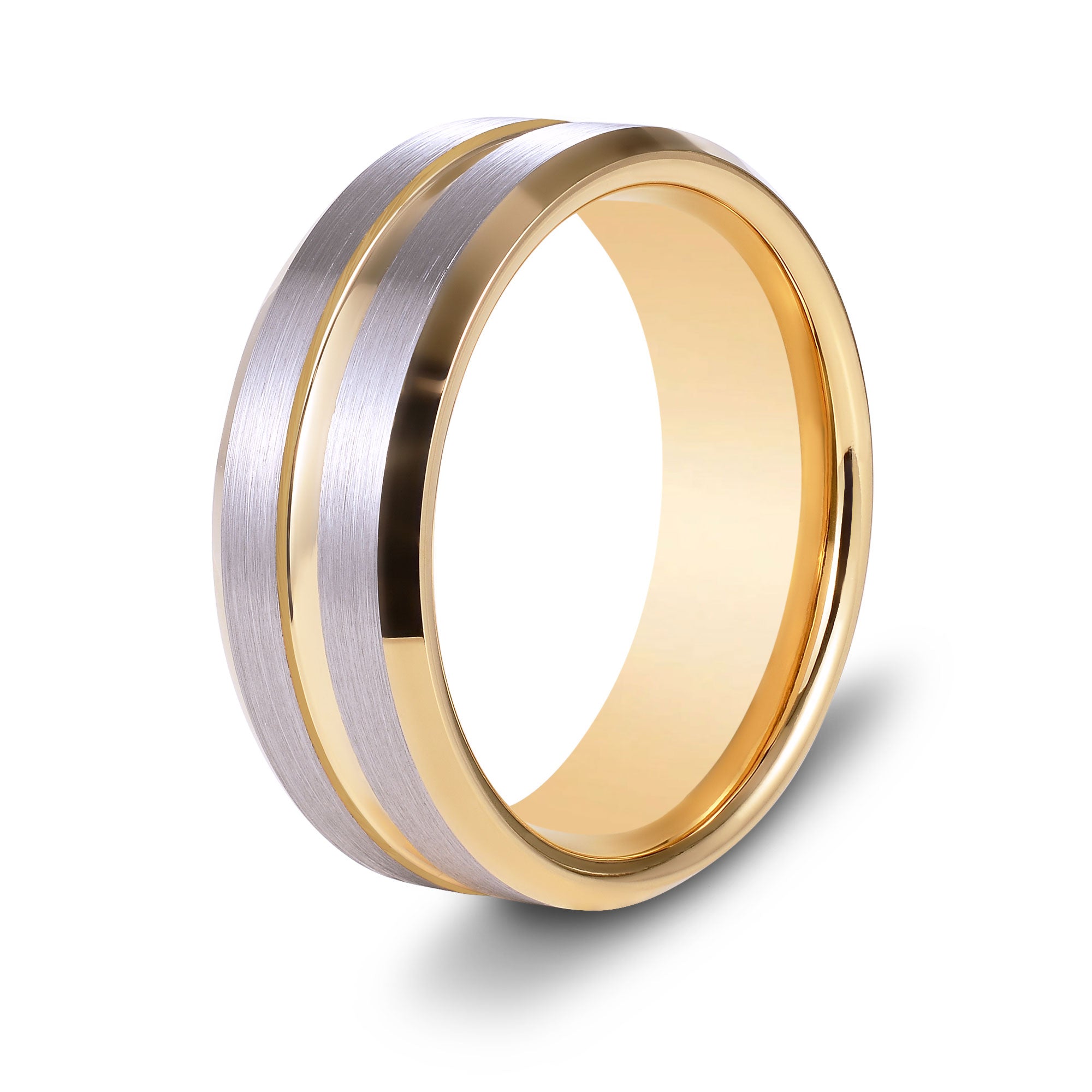 The Embrace - Silver Brushed Gold Inlay Beveled Tungsten Ring