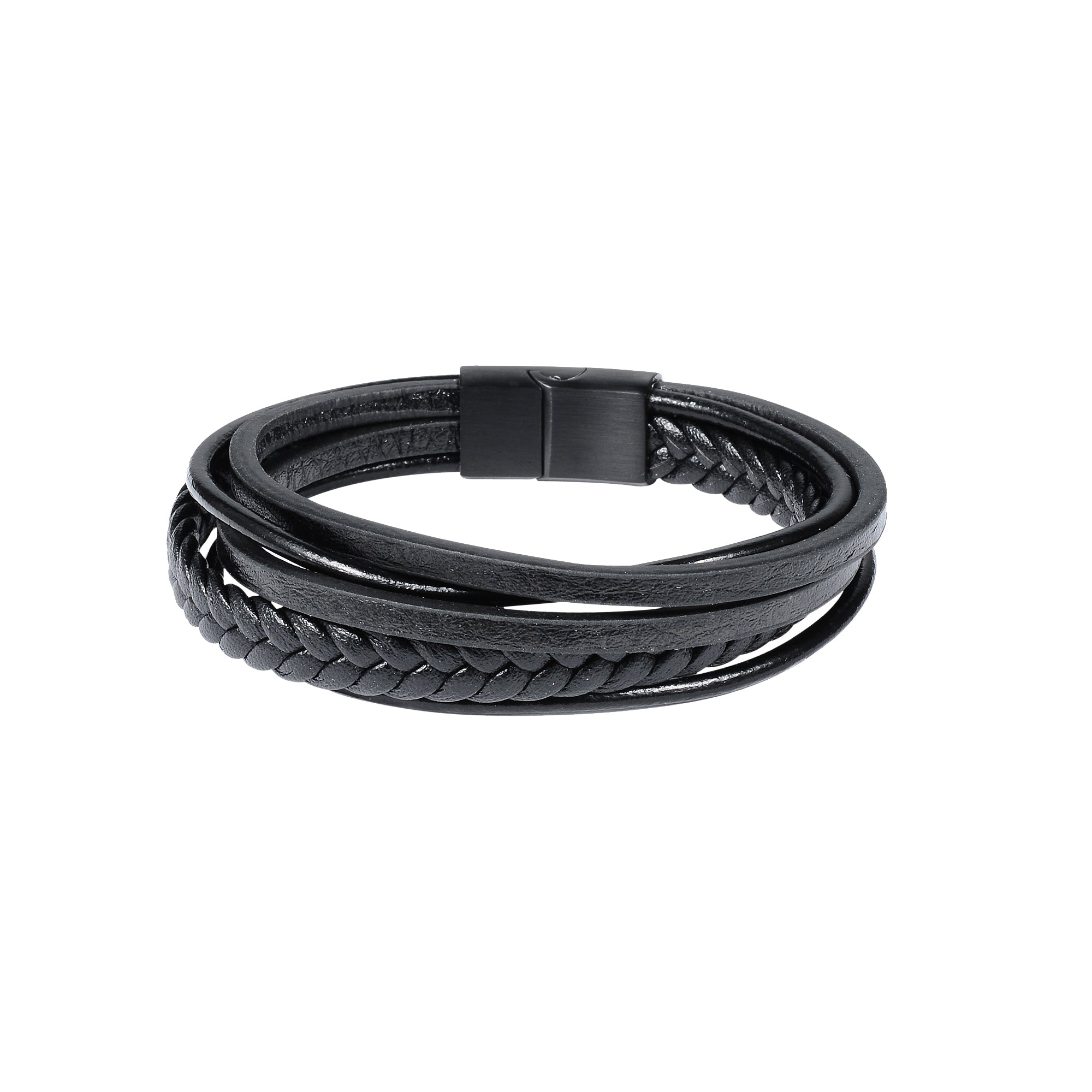 Black Layered Leather Braided Stainless Steel Bracelet