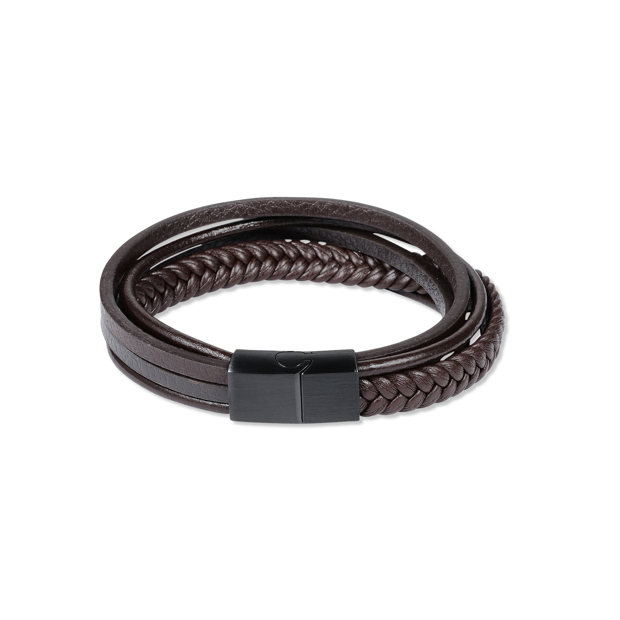 Brown Layered Leather Braided Stainless Steel Bracelet