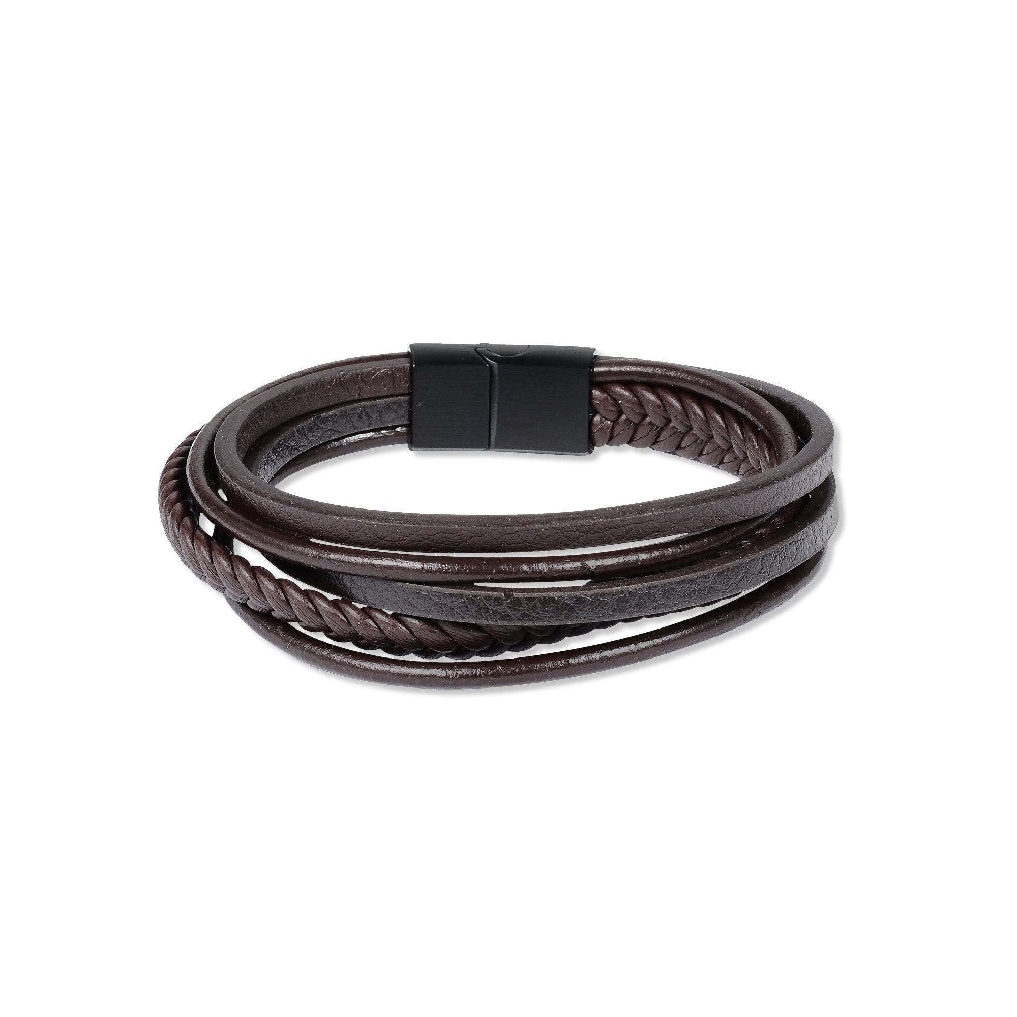 Brown Layered Leather Braided Stainless Steel Bracelet