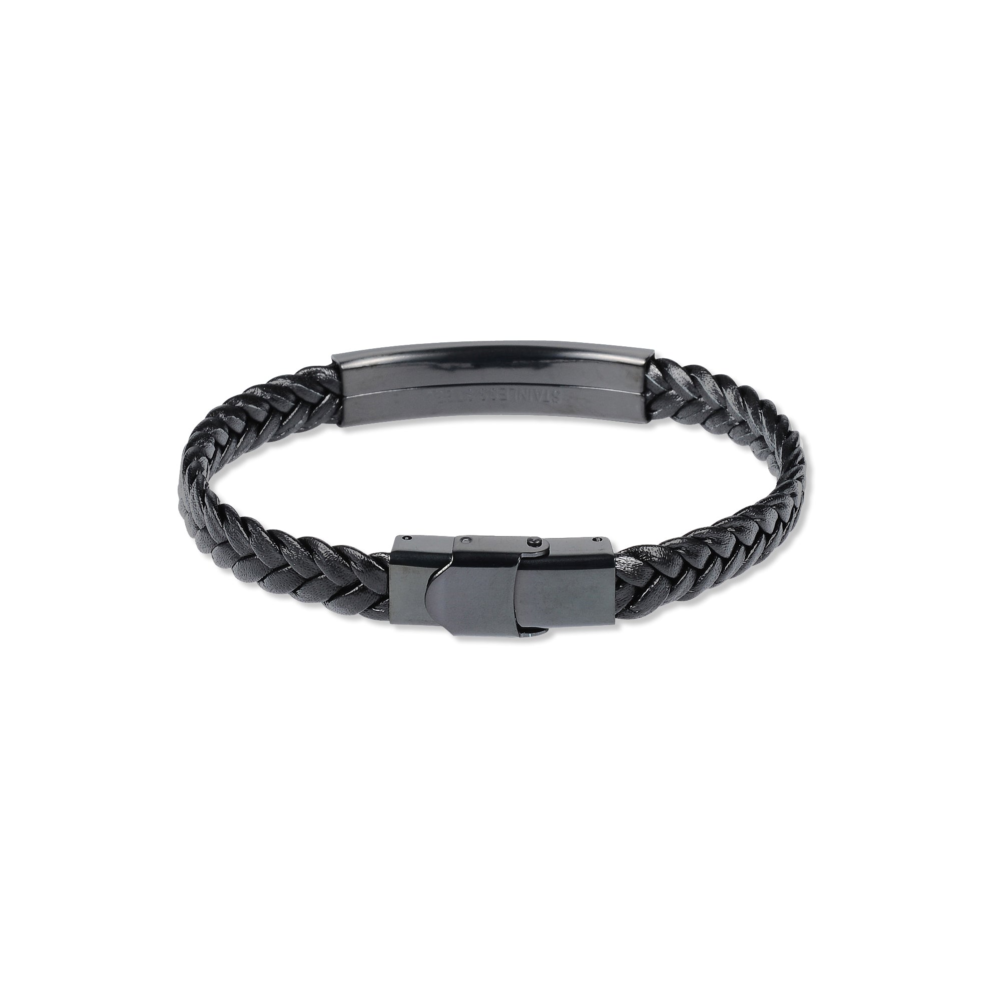 Black Leather Braided Stainless Steel Bracelet