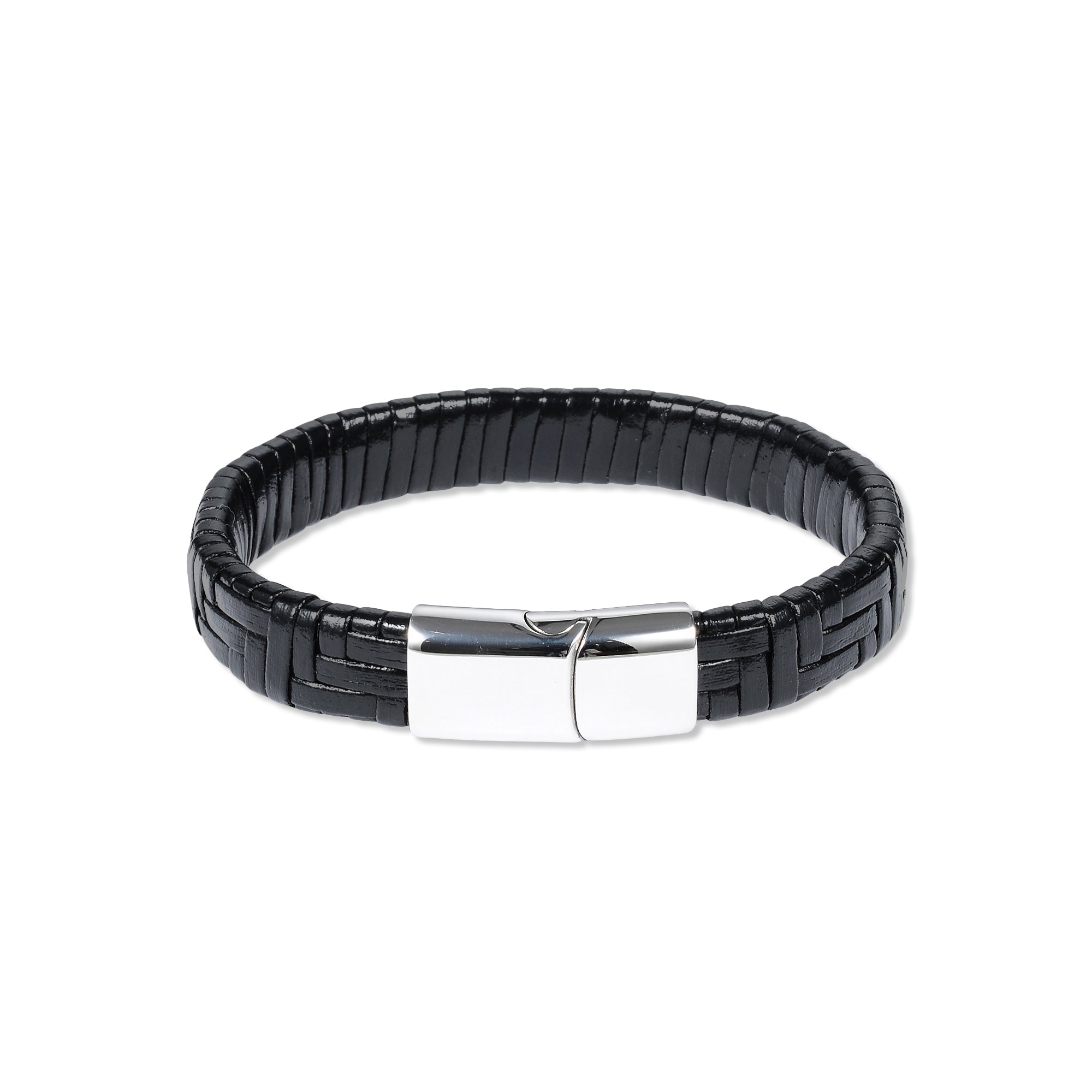 Black Leather Herringbone Stainless Steel Bracelet