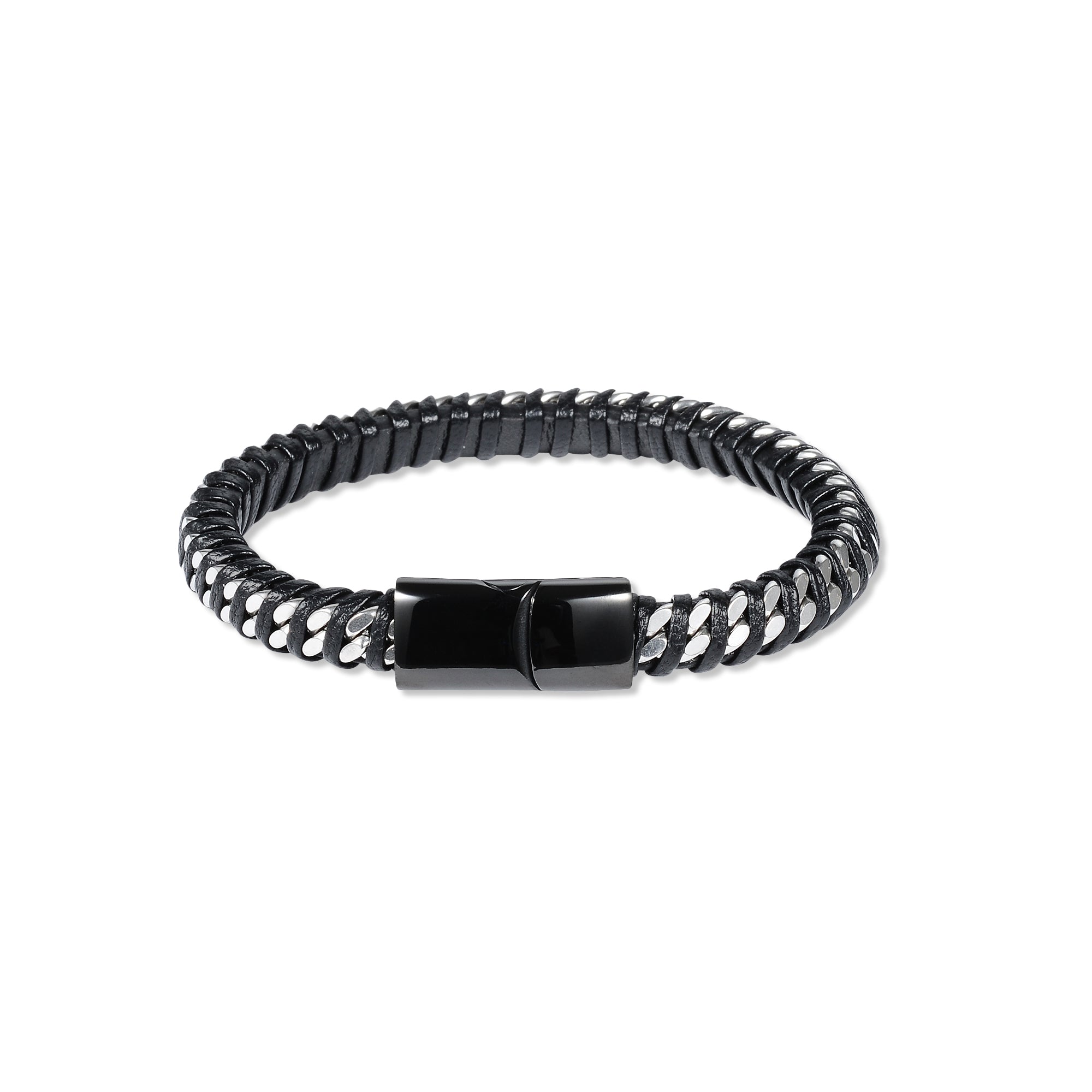 Black Leather Cuban Stainless Steel Bracelet