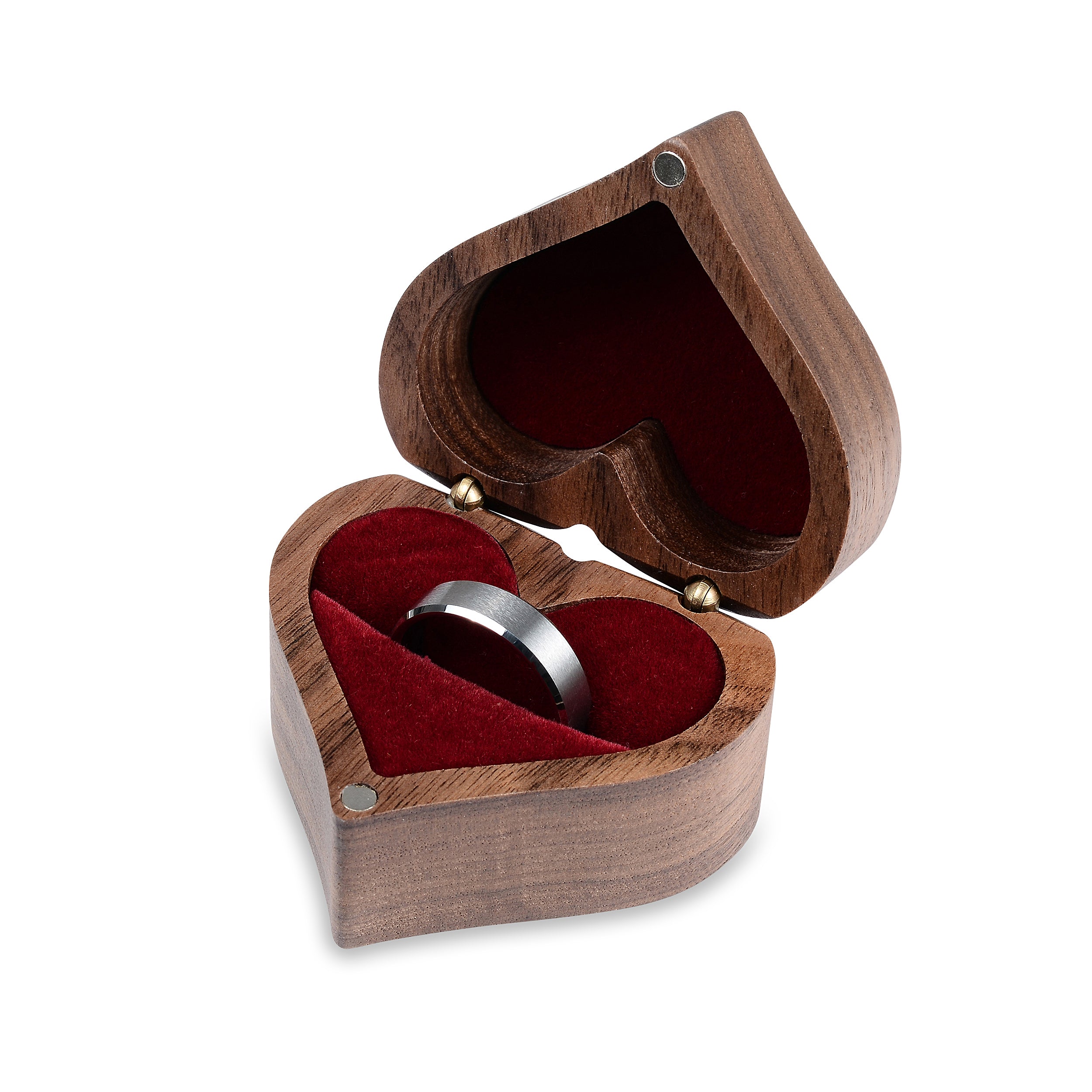Red Heart - Premium Real Wood Velvet Cushion Ring Box With Magnetic Lid