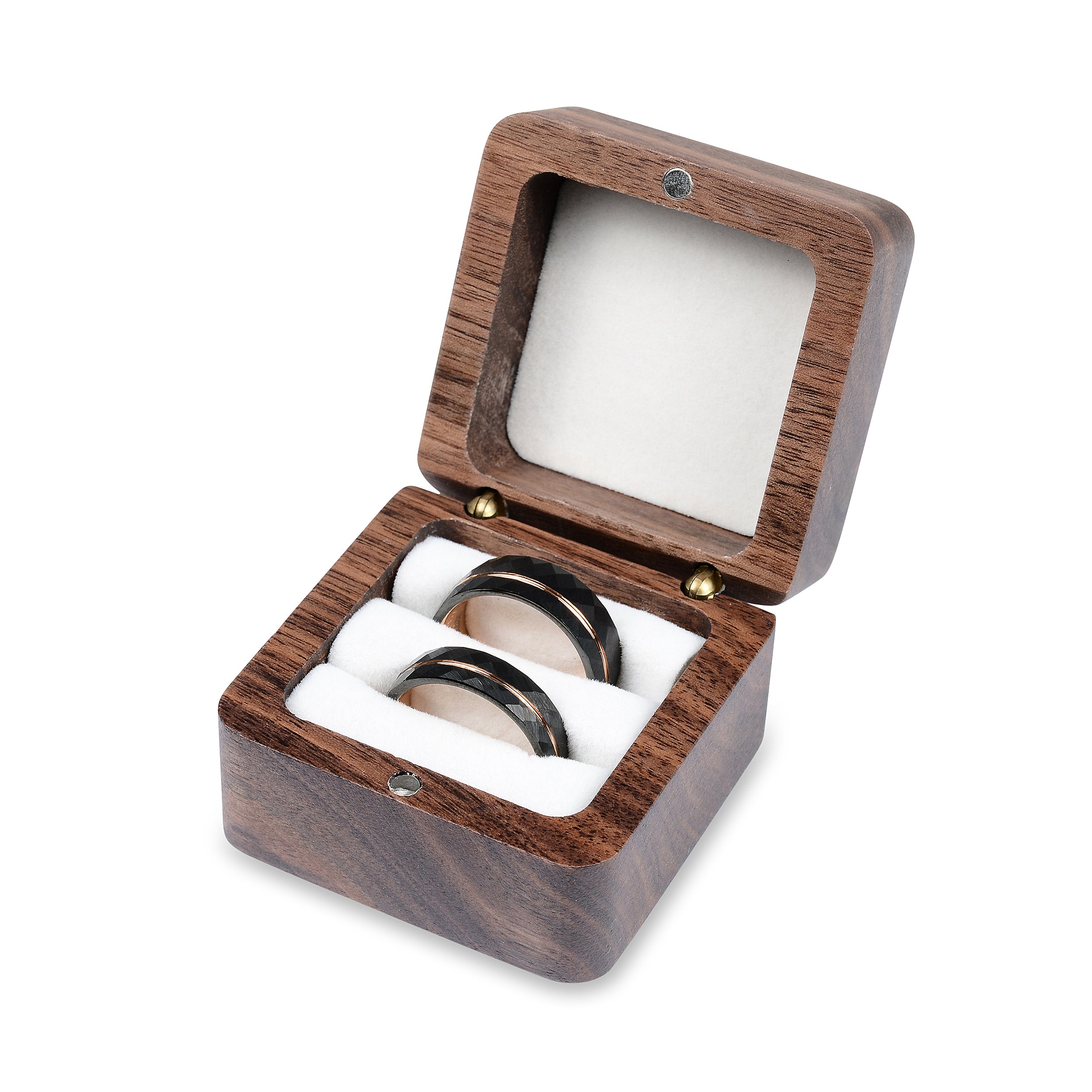 White Double Ring Case - Premium Real Wood Velvet Cushion Ring Box With Magnetic Lid