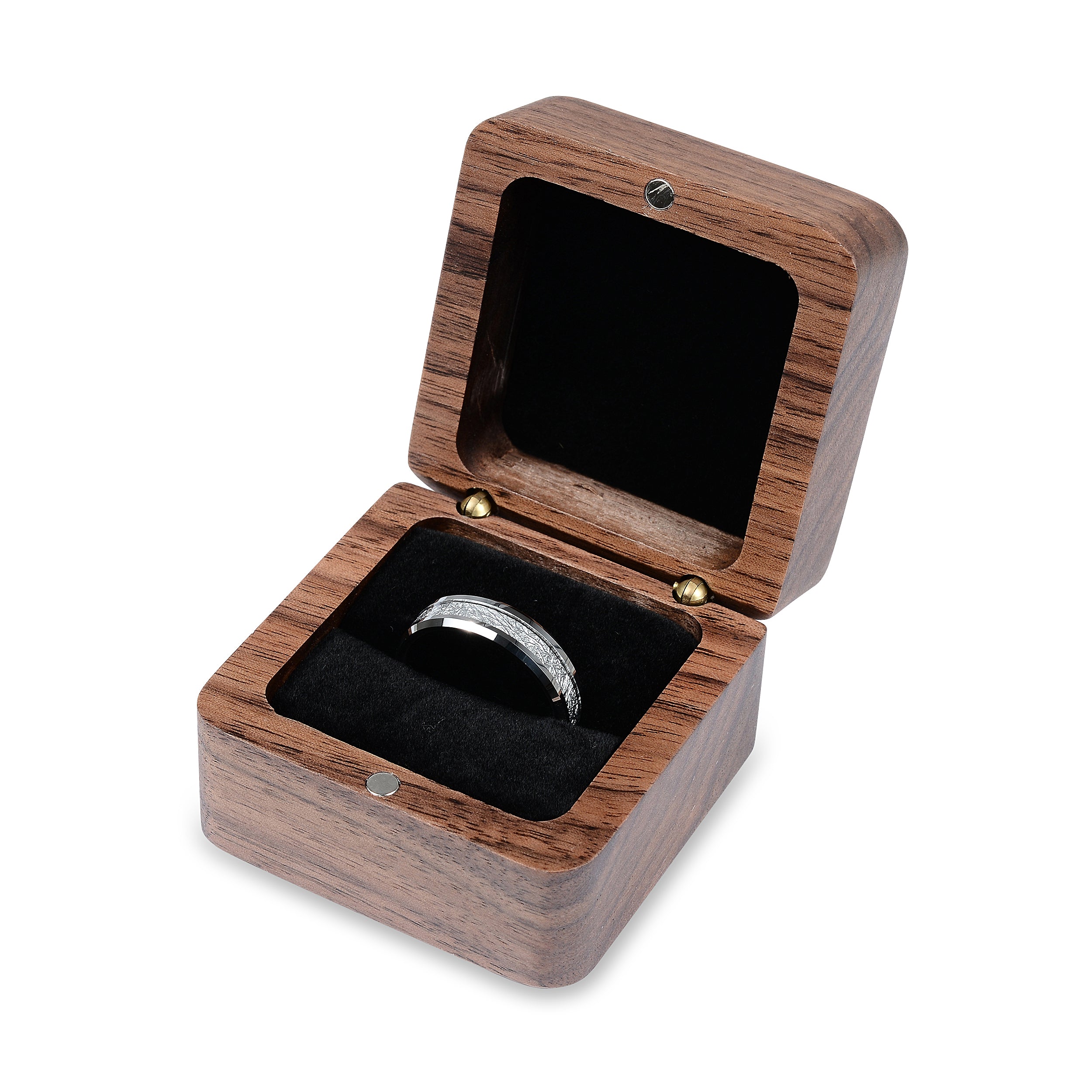 Black Ring Case - Premium Real Wood Velvet Cushion Ring Box With Magnetic Lid