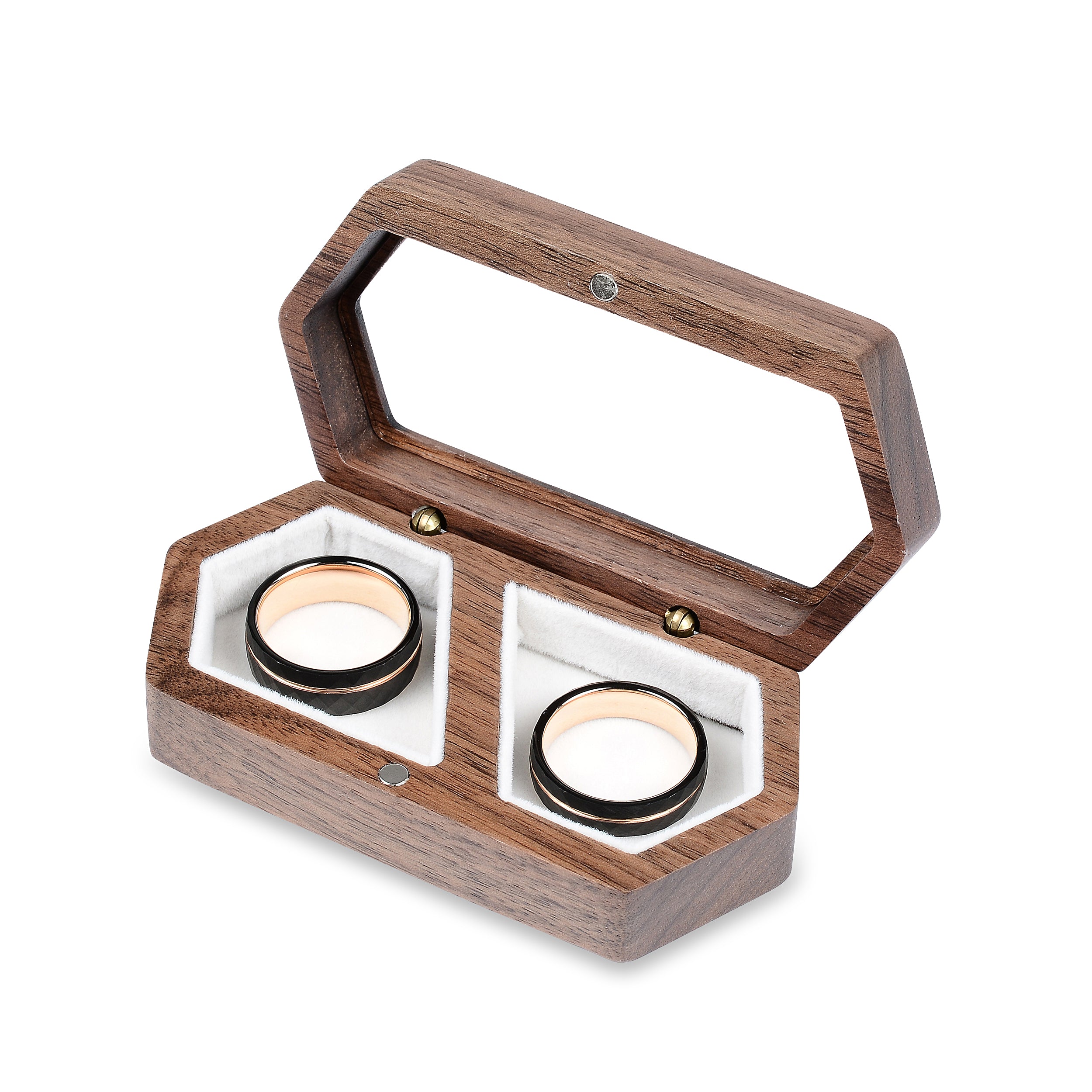 White Wedding Ring Case - Premium Real Wood Velvet Cushion Ring Box With Magnetic Lid