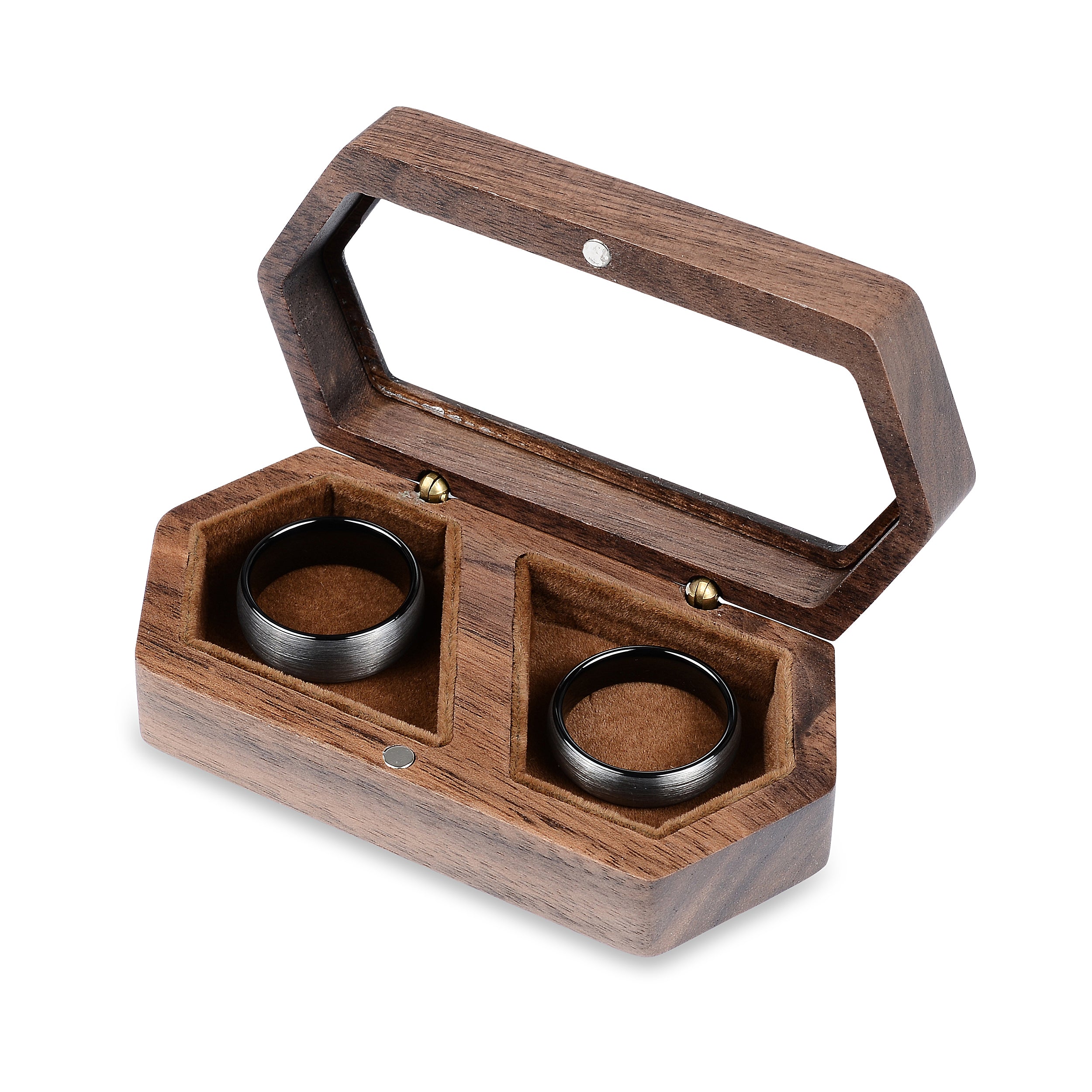 Brown Wedding Ring Case - Premium Real Wood Velvet Cushion Ring Box With Magnetic Lid