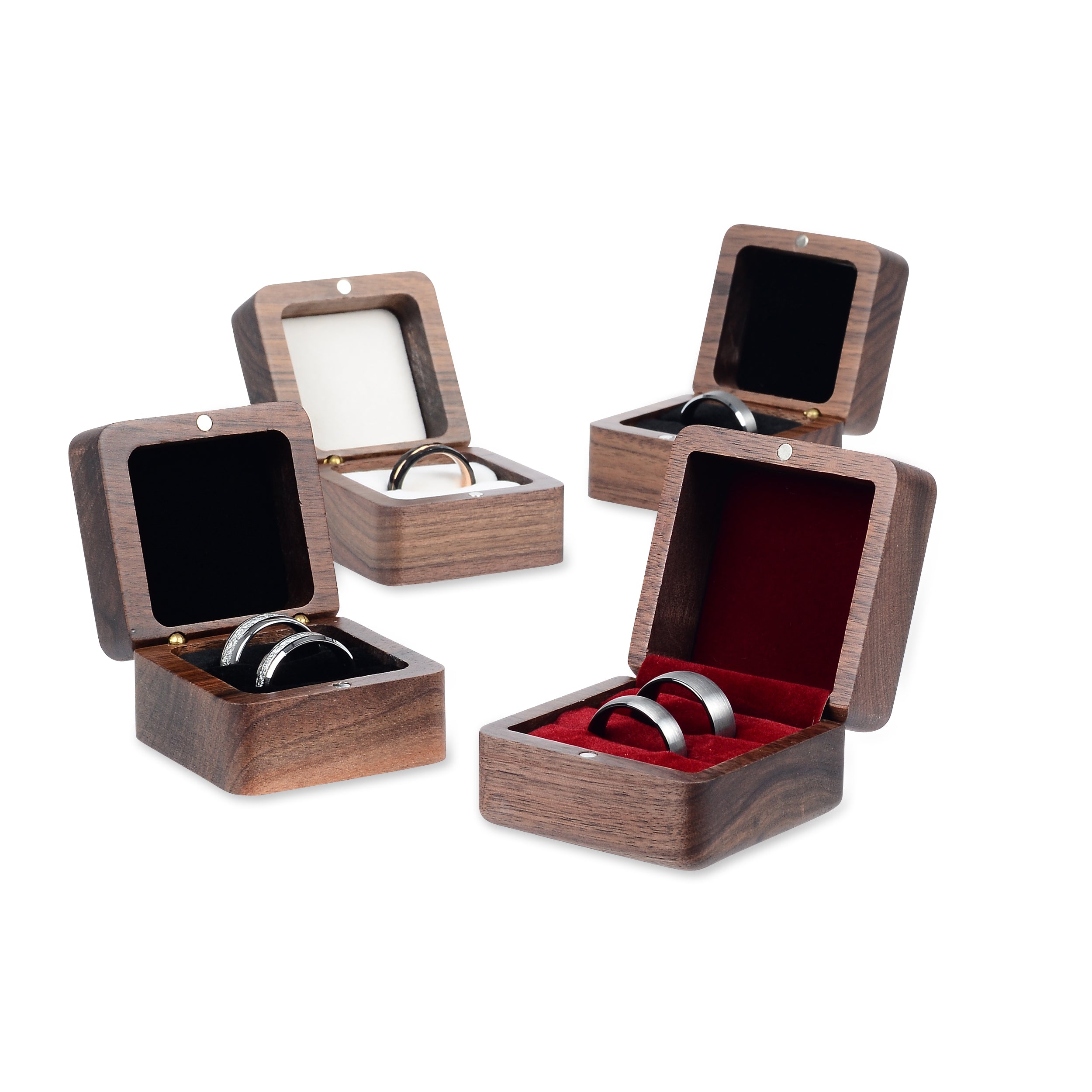 Black Double Ring Case - Premium Real Wood Velvet Cushion Ring Box With Magnetic Lid