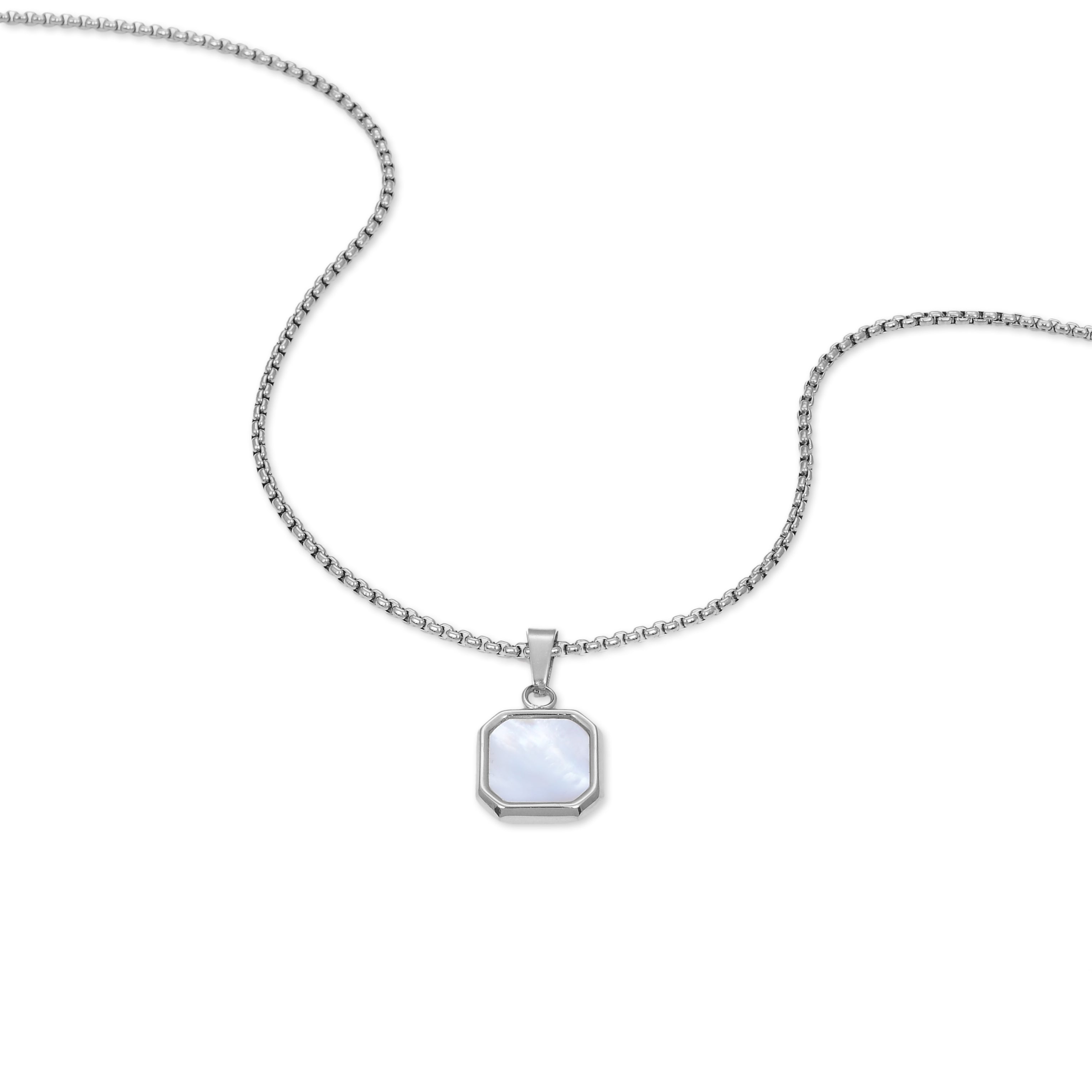 Square Mother Of Pearl Pendant Necklace (Silver)