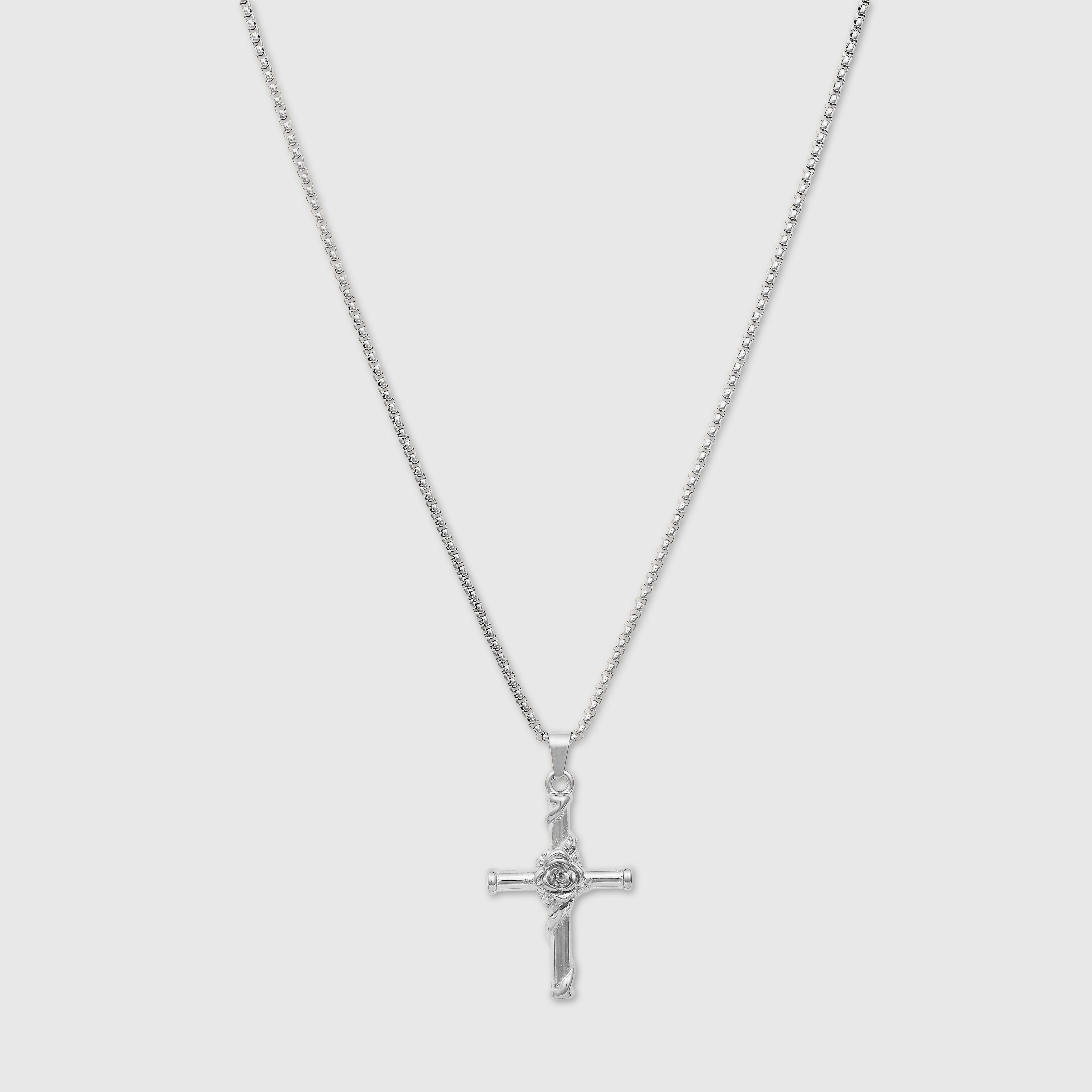 Cross Rose Pendant Necklace (Silver)