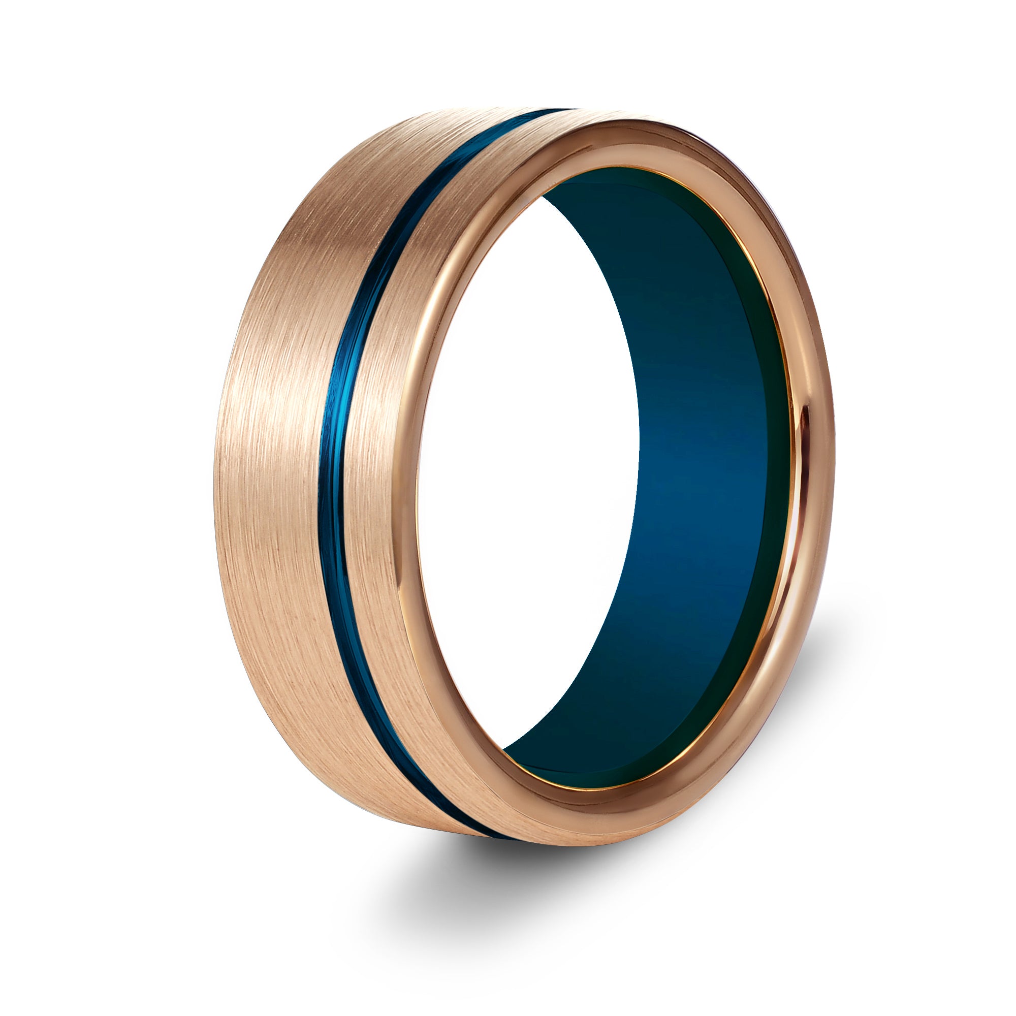 The Patron - Rose Gold Brushed Blue Inlay Tungsten Ring