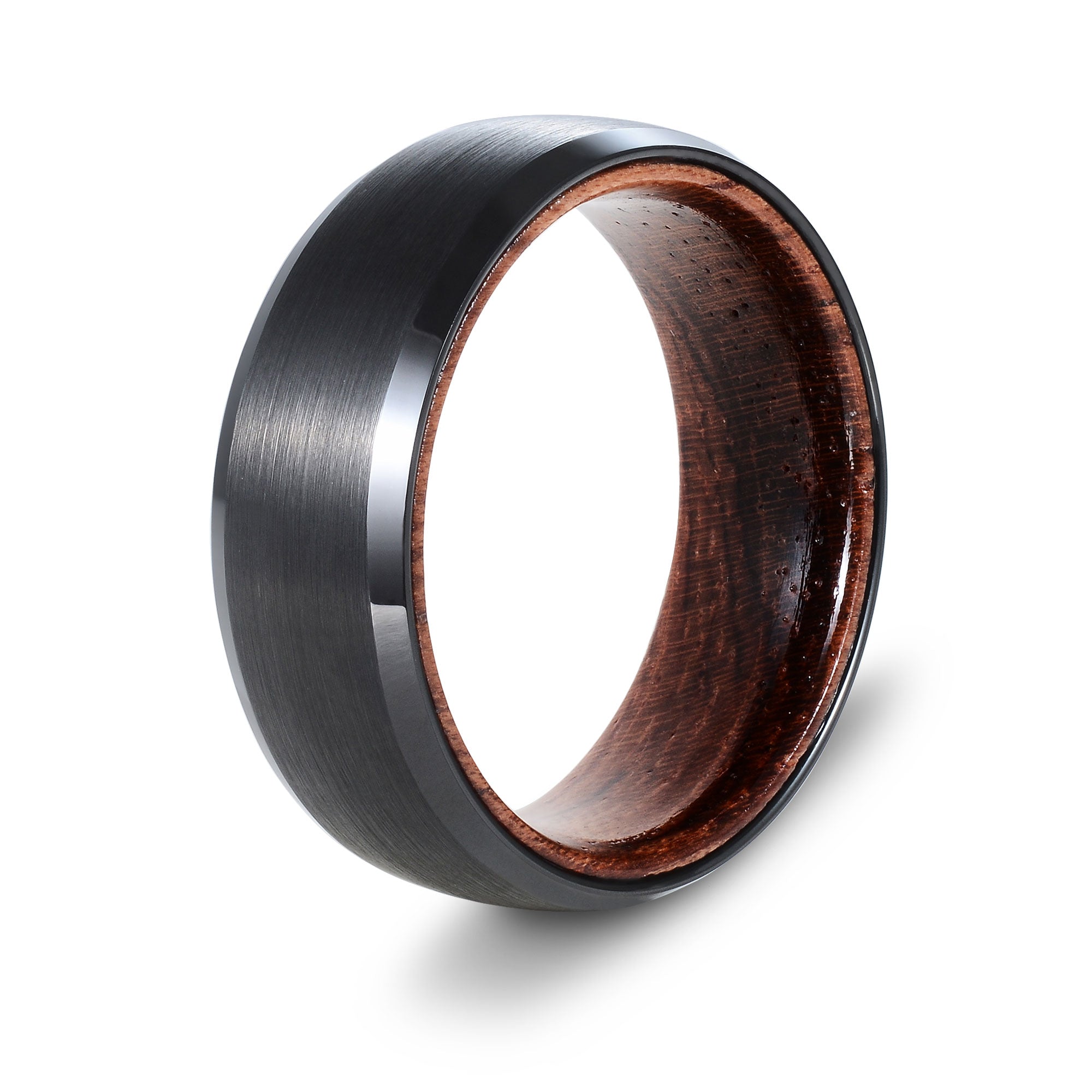 The Polished - Black Curved Brushed Tungsten Koa Wood Ring