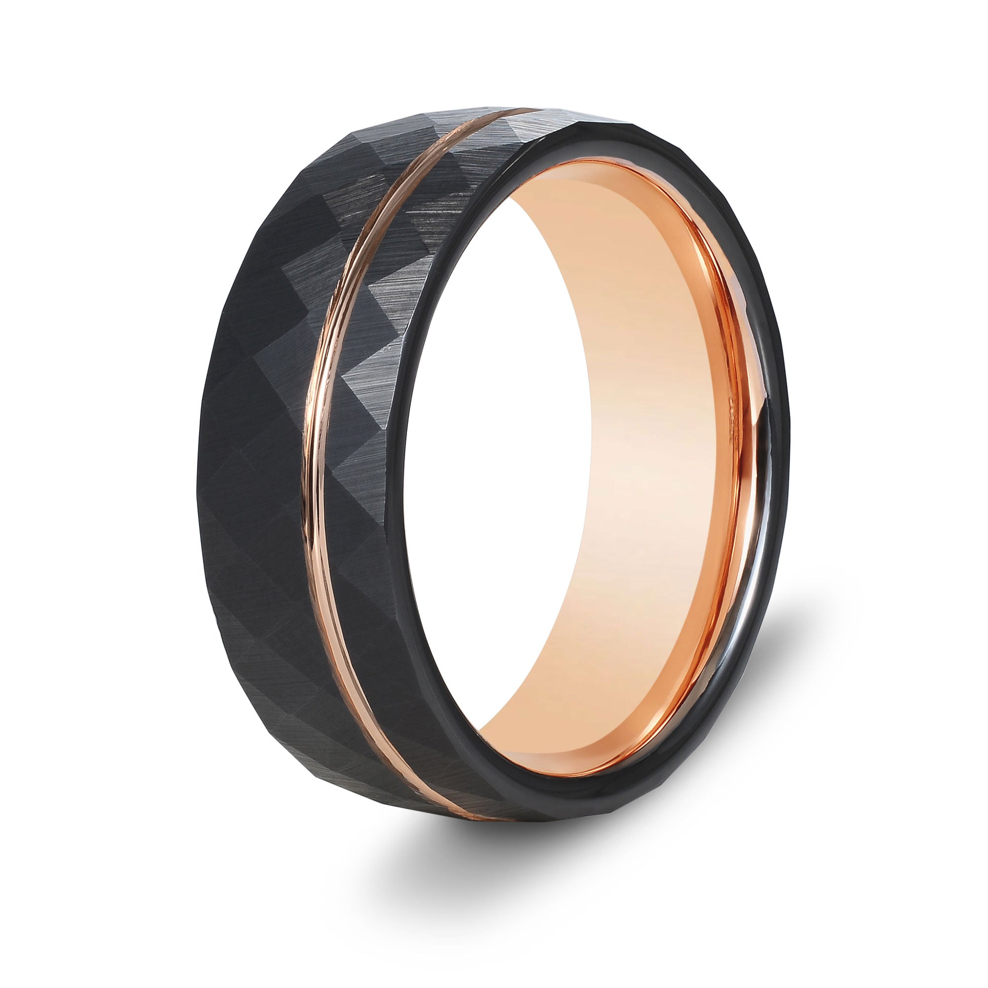 The Magnate - Black 8mm Faceted With Rose Gold Inlay Tungsten Ring