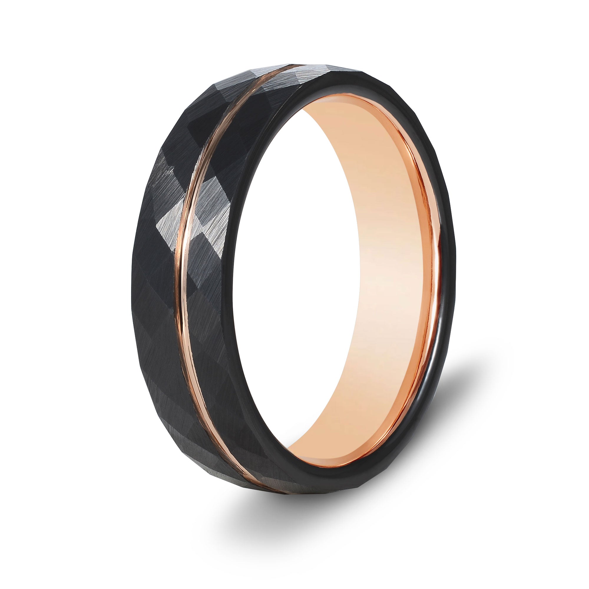 The Magnate - Black 6mm Faceted With Rose Gold Inlay Tungsten Ring