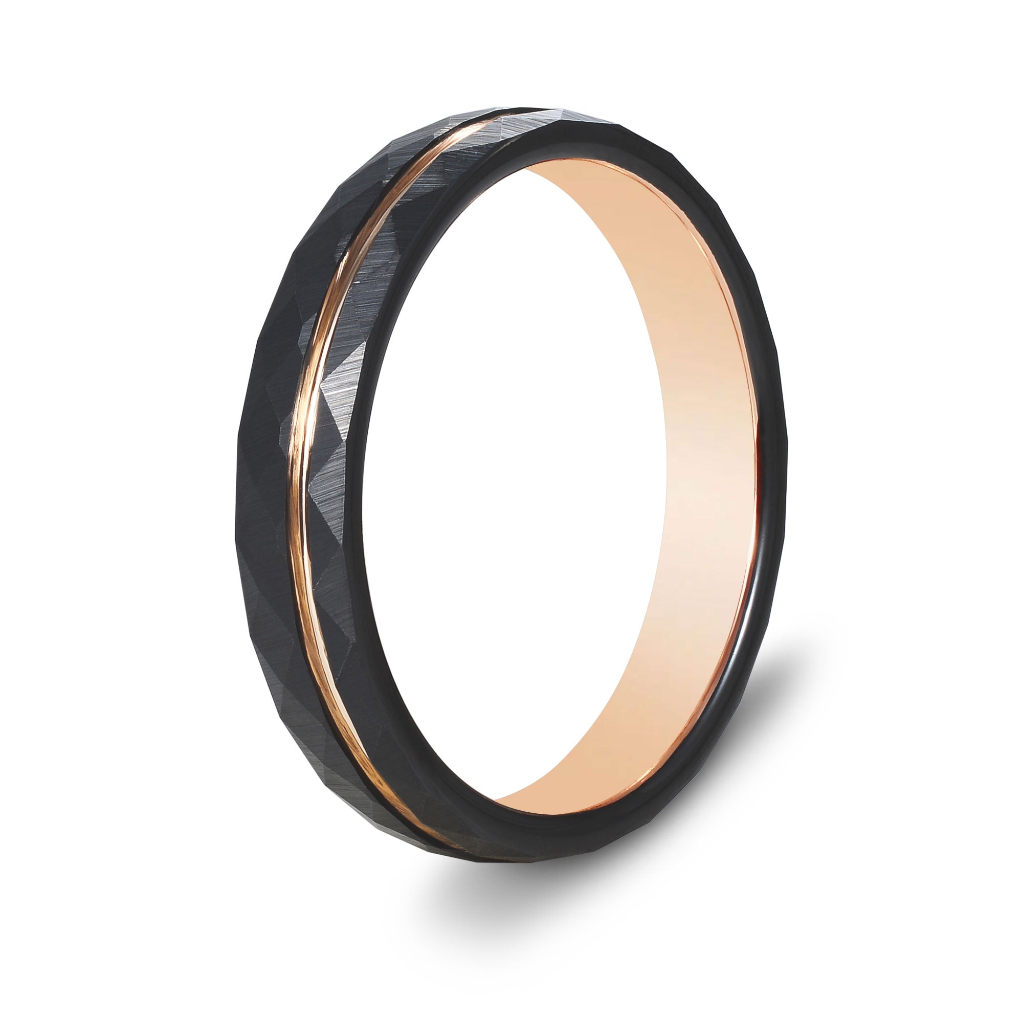 The Magnate - Black 4mm Faceted With Rose Gold Inlay Tungsten Ring