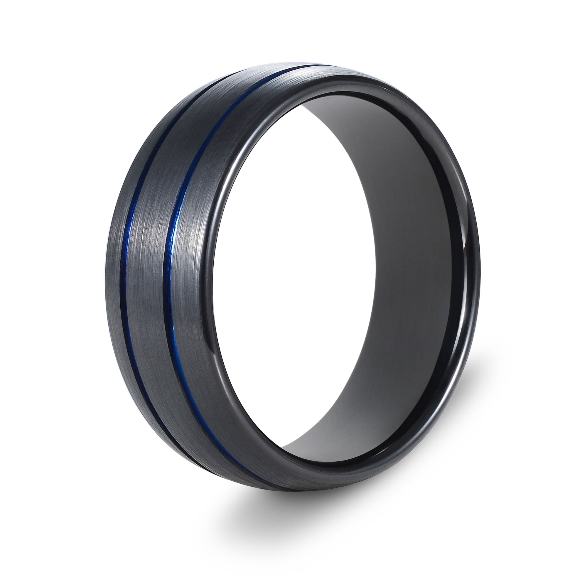 The Revive - Black Brushed With Blue Inlay Tungsten Curved Ring