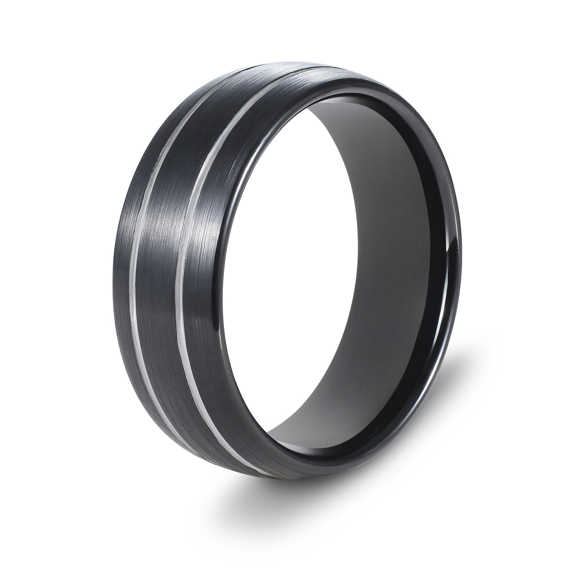 The Everlast - Black Brushed With Silver Inlay Tungsten Curved Ring