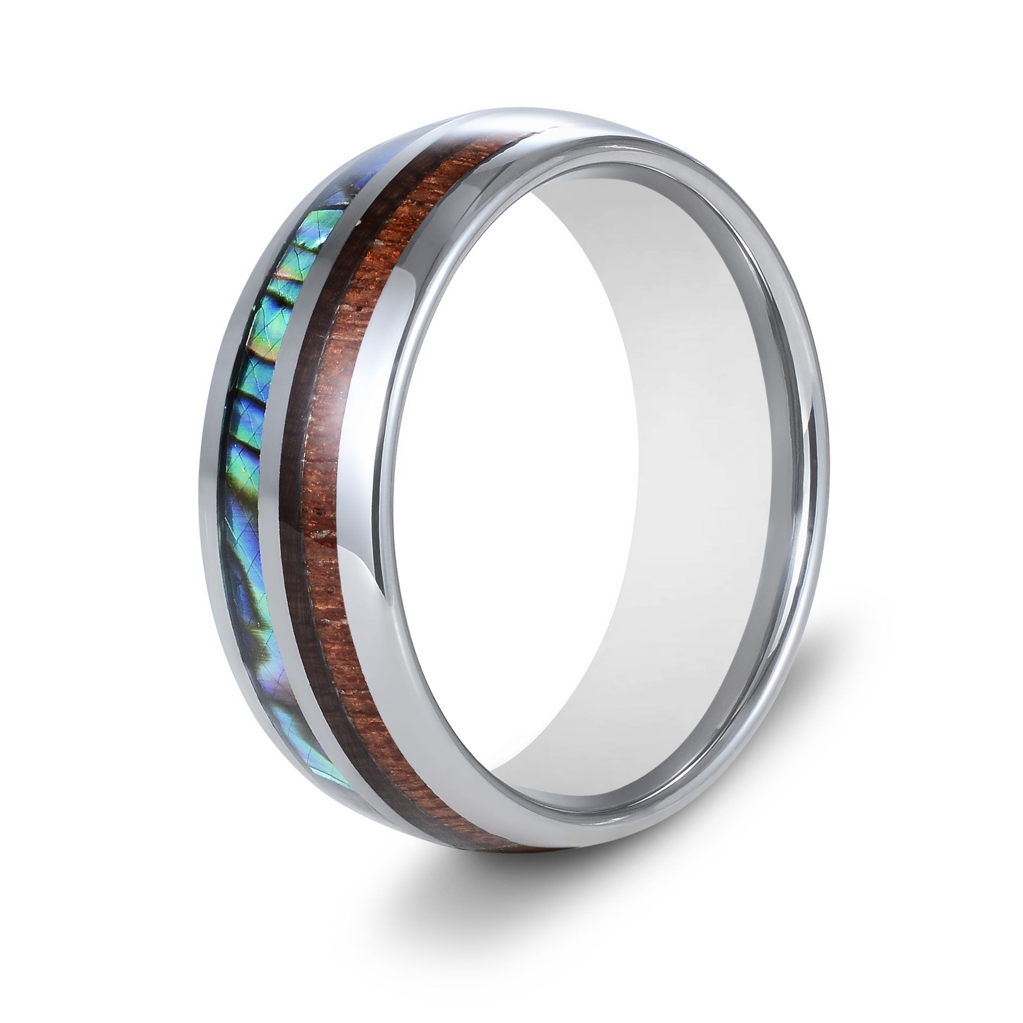 The Mariner - Silver Abalone Tungsten Koa Wood Ring