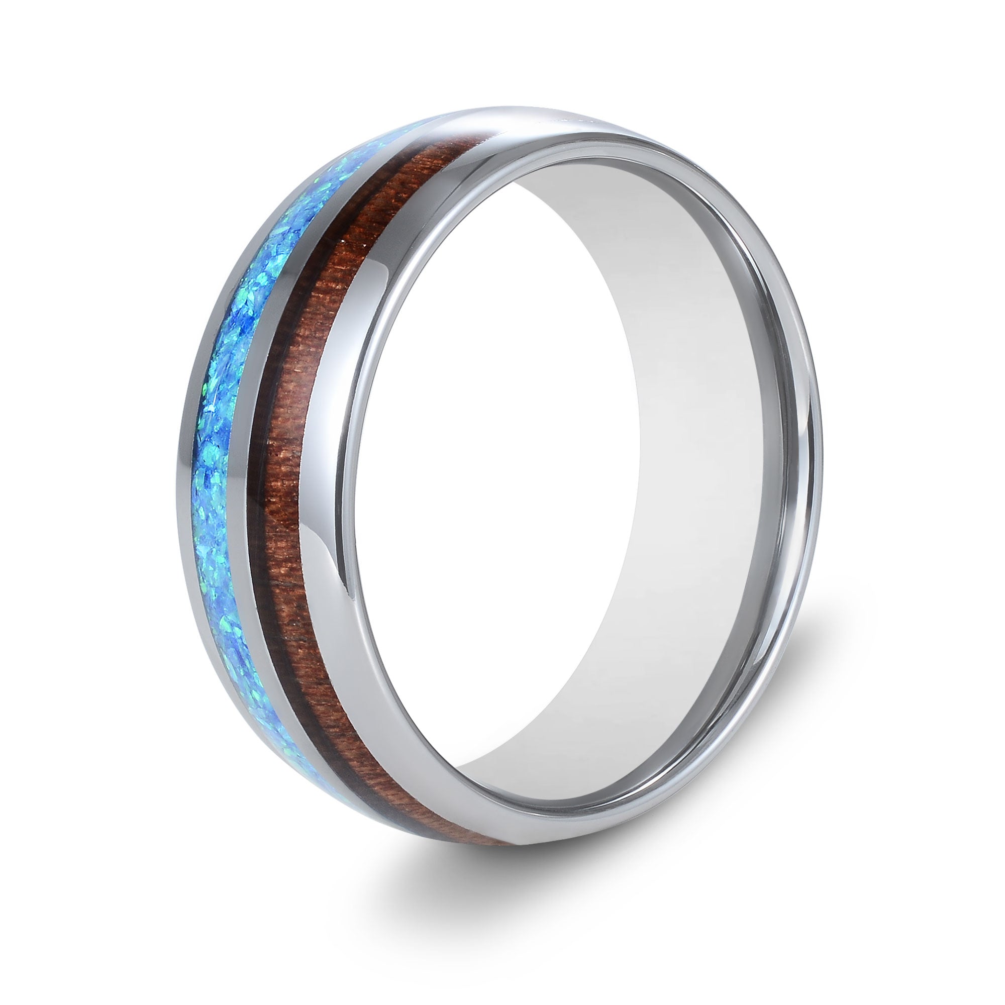The Embark - Silver Opal Tungsten Koa Wood Ring